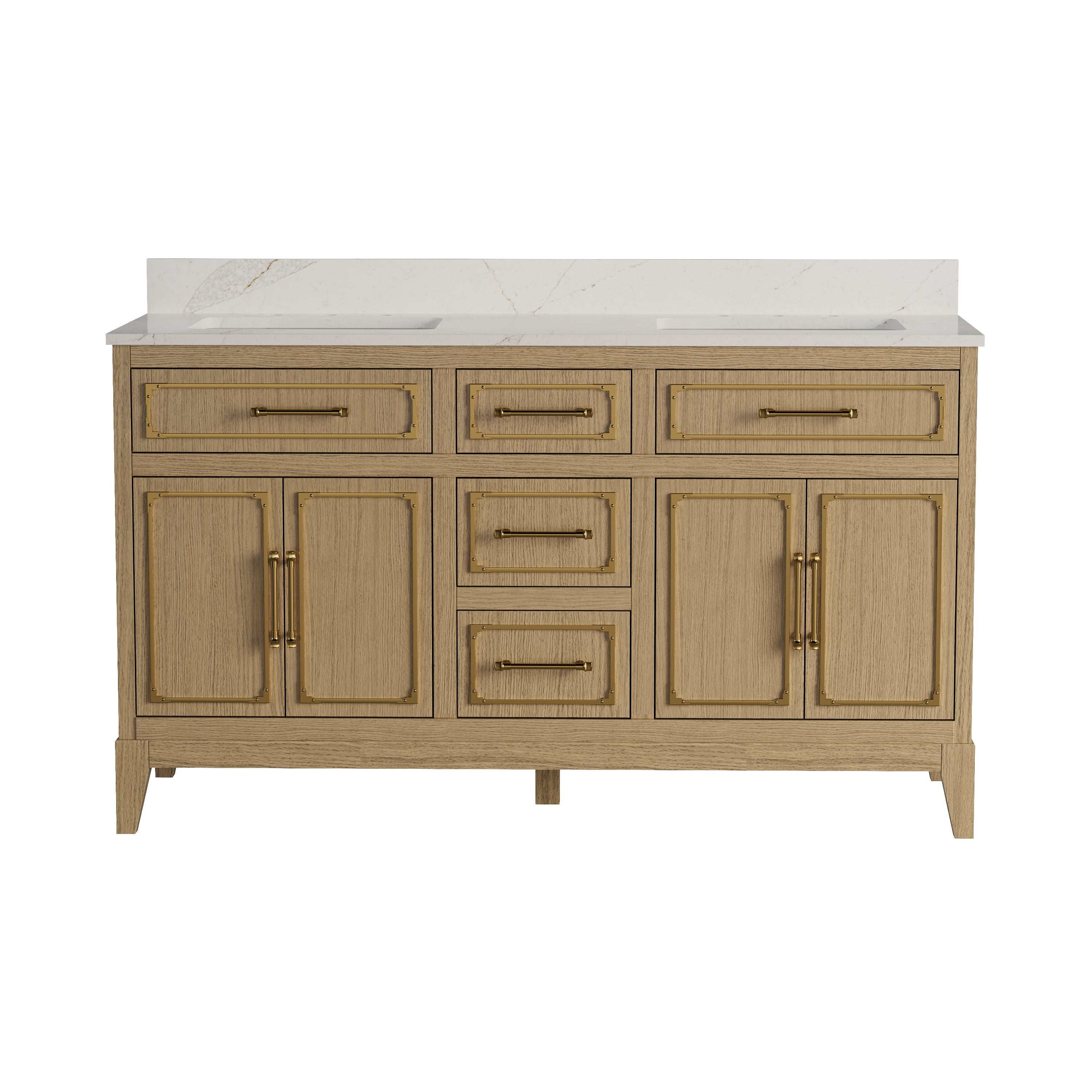 60 Inch Luxury Solid Oak Bathroom Vanity with Calacatta Quartz Countertop & Sinks, 3 Soft-Close Drawers and 2 Flip Drawers