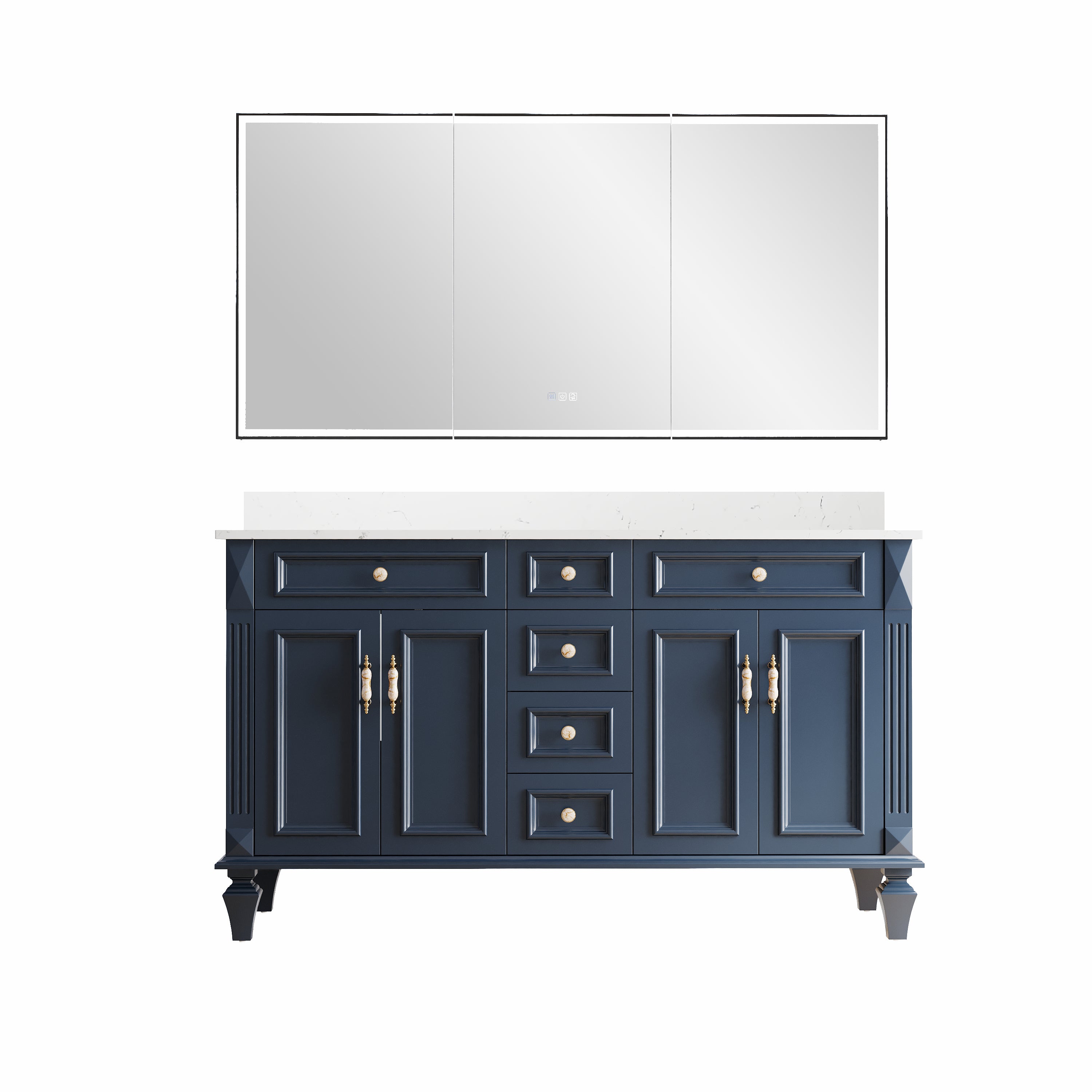 60" Navy Blue Solid Wood Bathroom Vanity & 60" LED Mirror Medicine Cabinet Combo