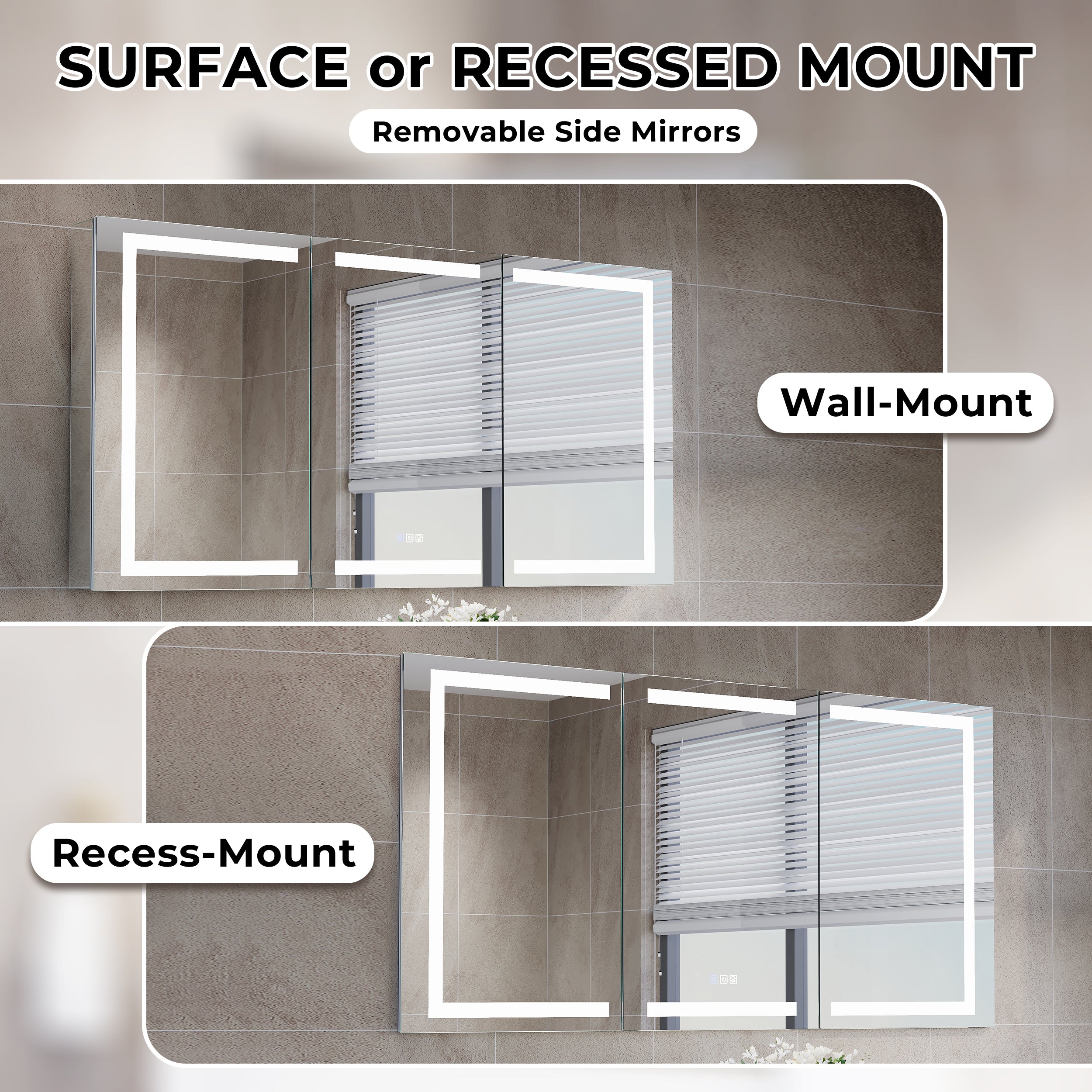 60 in. x 30 in. LED Lighted Aluminum Bathroom Medicine Cabinet with Anti-Fog, Dimmable Lighting, Outlet, Surface or Recessed Mount