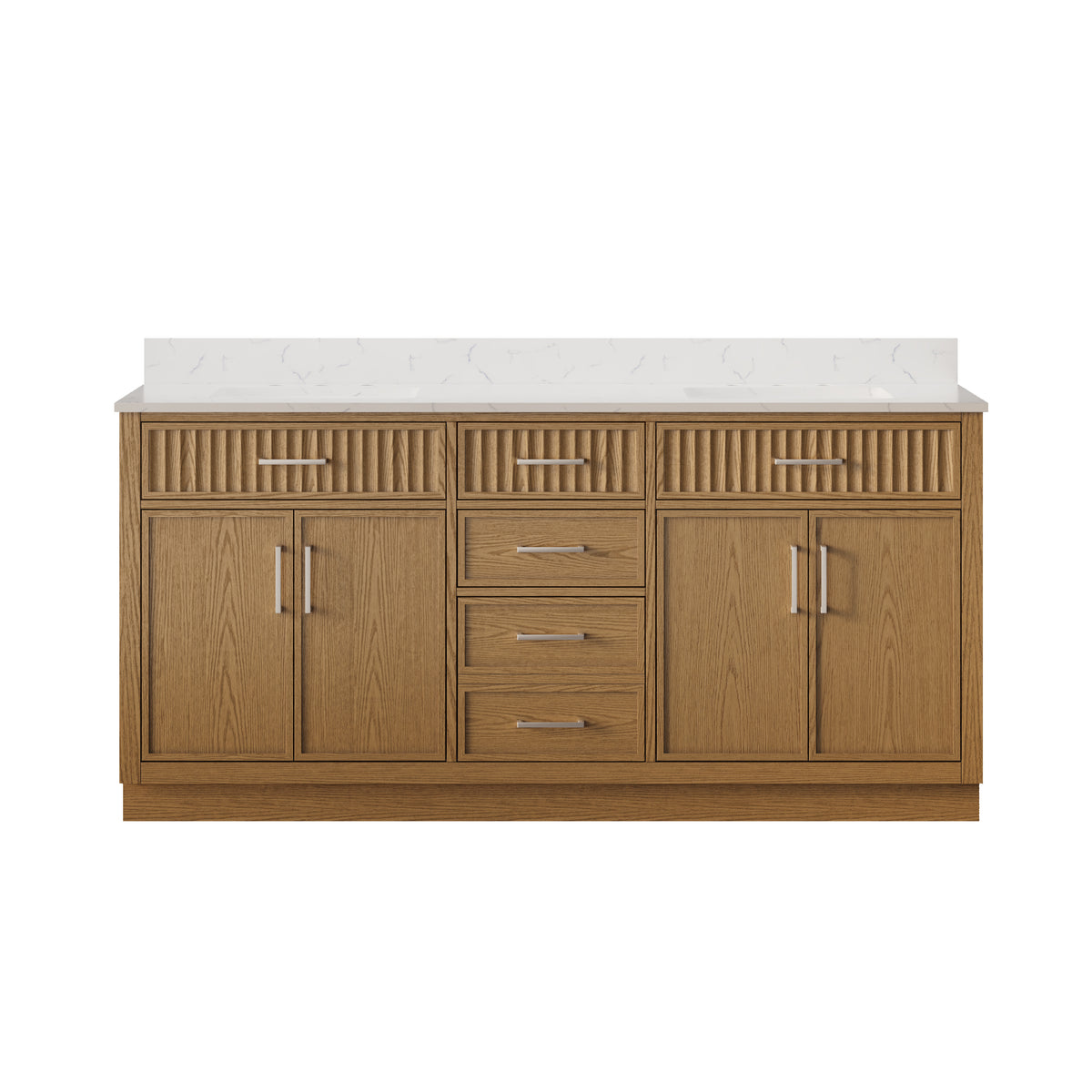 72 Inch Freestanding Solid Wood & Plywood Bathroom Vanity with Soft-Close Drawers, Carrara White Quartz Countertop, Walnut