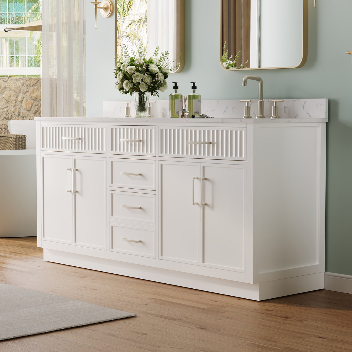 72 Inch Freestanding Solid Wood & Plywood Bathroom Vanity with Soft-Close Drawers, Carrara White Quartz Countertop, White