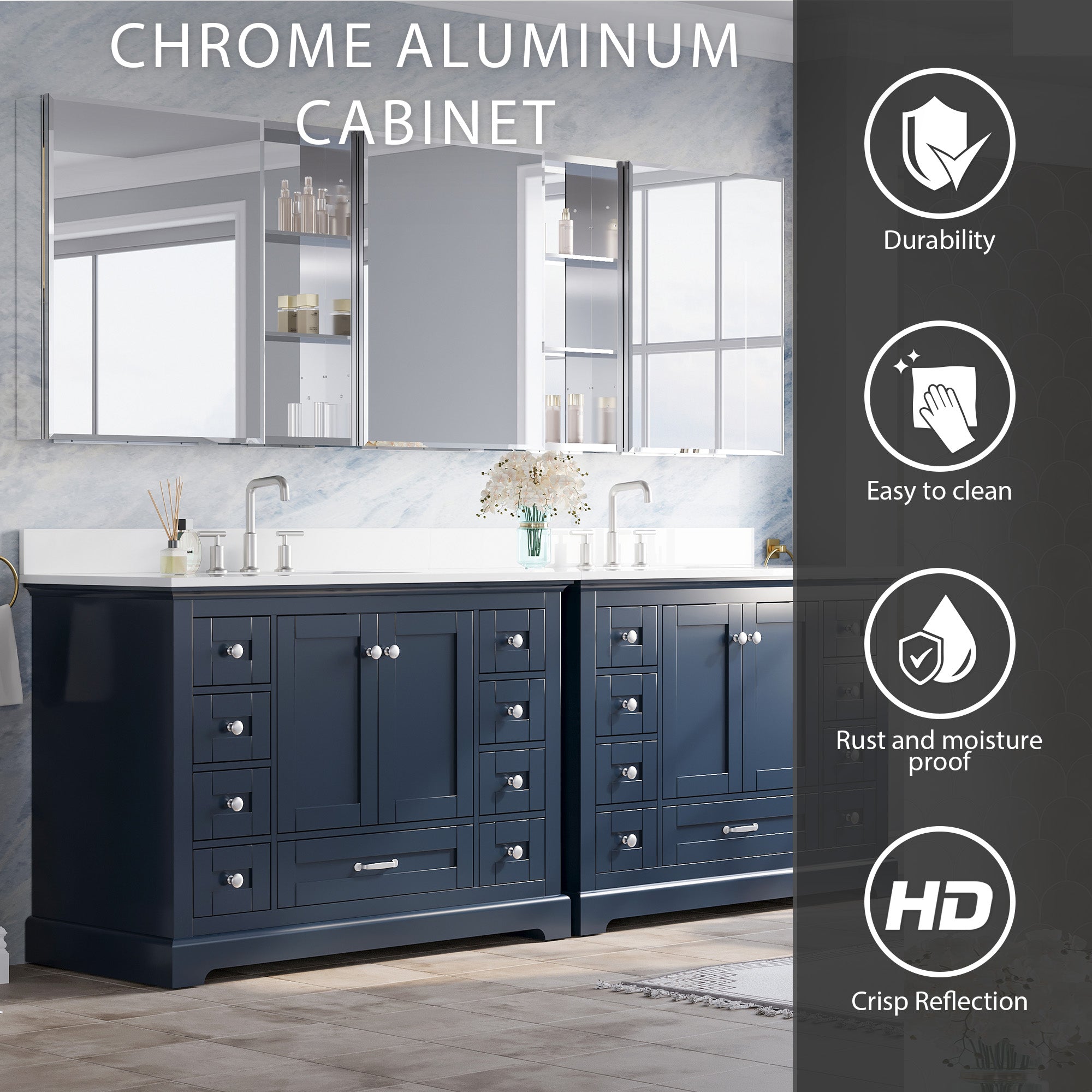 96 in.×30 in.H Aluminum Copper-Free Mirror Medicine Cabinet with Beveled Mirror Door and Open Shelf Storage Set