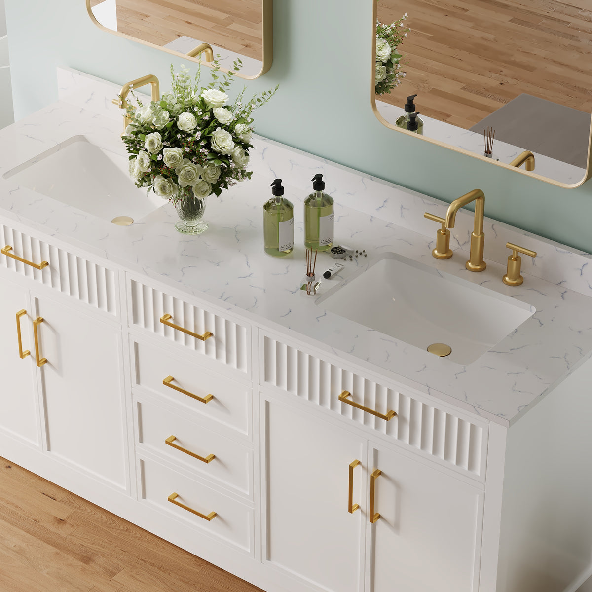 72 Inch Freestanding Solid Wood & Plywood Bathroom Vanity with Soft-Close Drawers, Carrara White Quartz Countertop, White