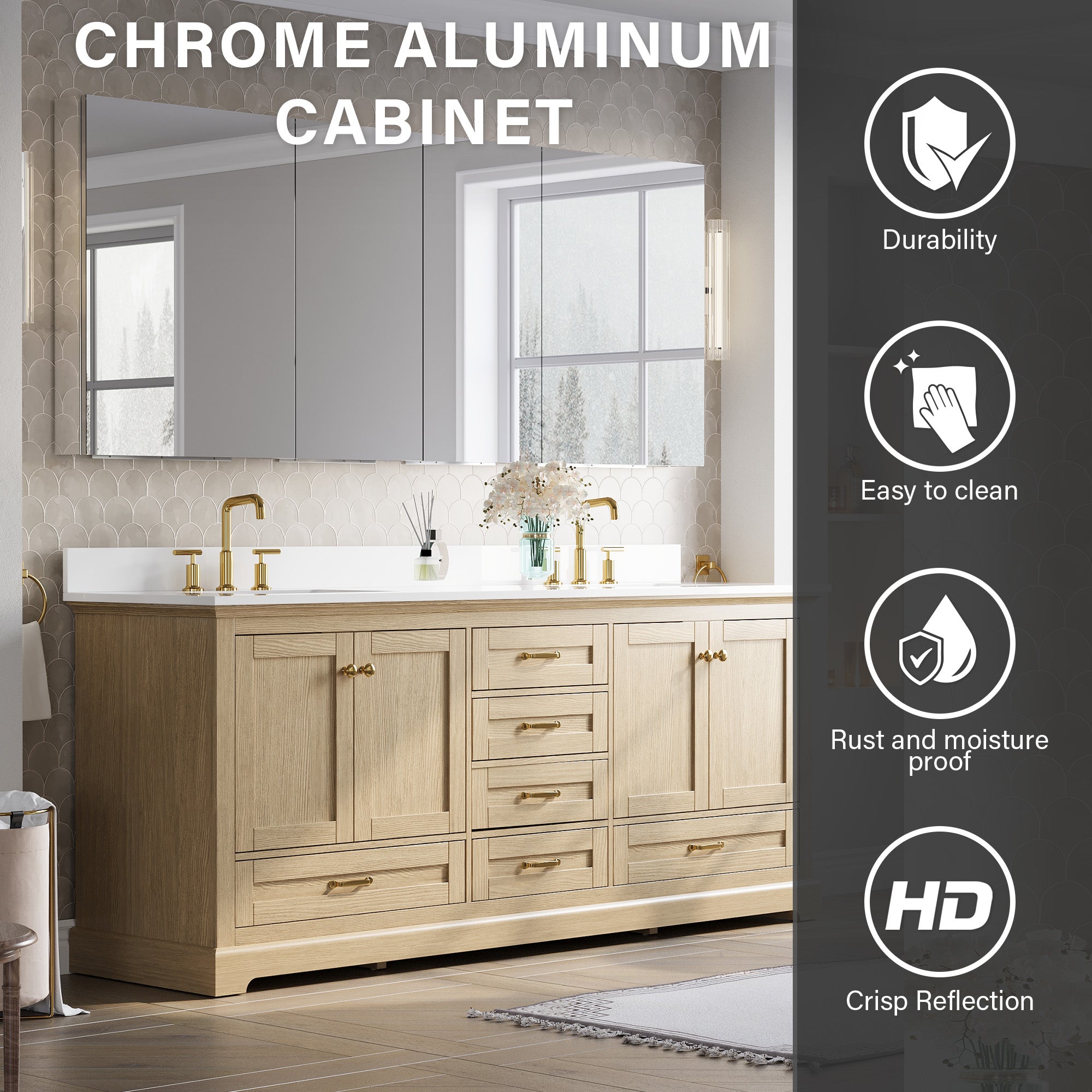 80 in.×32 in.H Copper-Free Mirror Medicine Cabinet with Soft-Close Blum® Hinges and 4 Doors