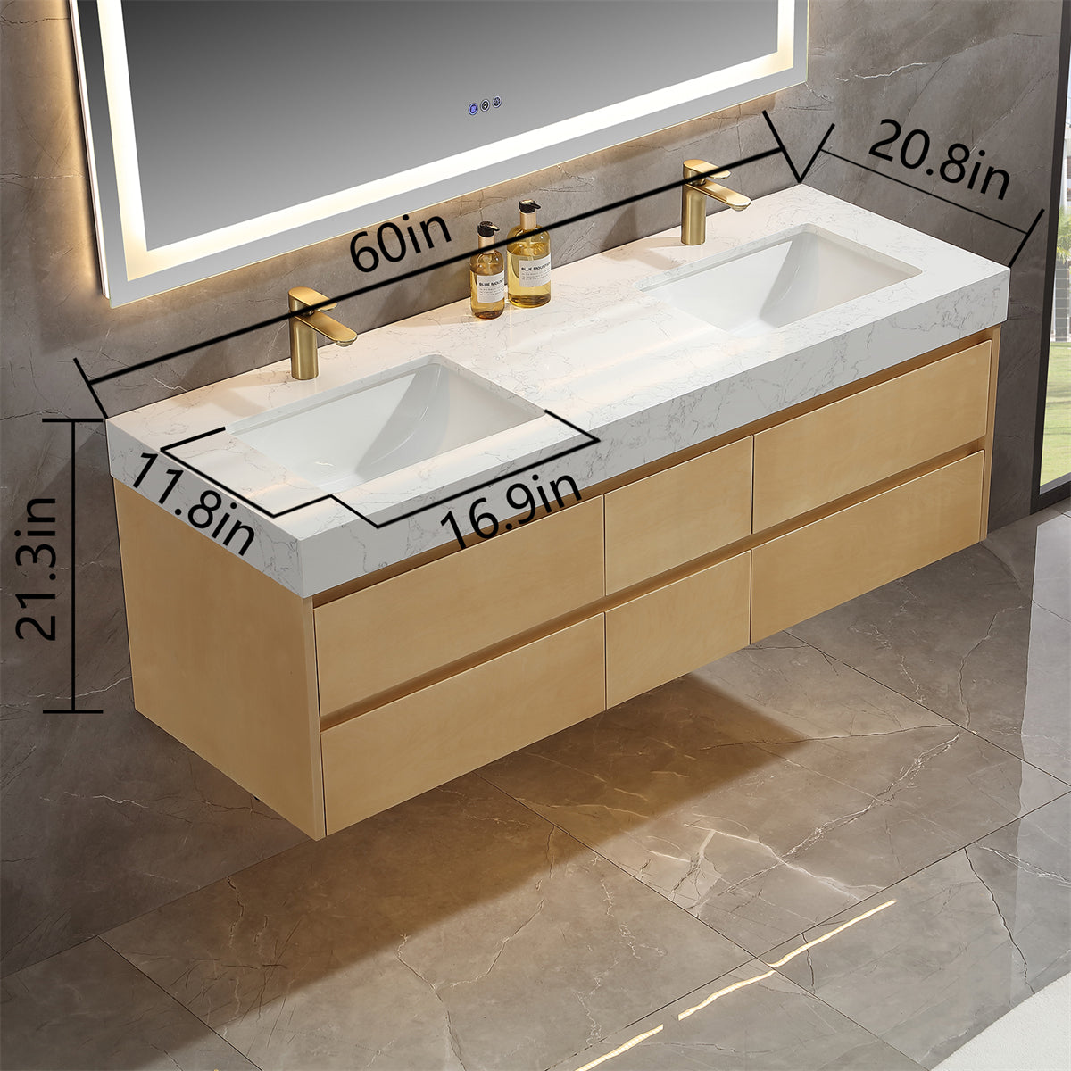 60" Modern Floating Maple Wood Bathroom Vanity Cabinet with LED Light and Double Basin