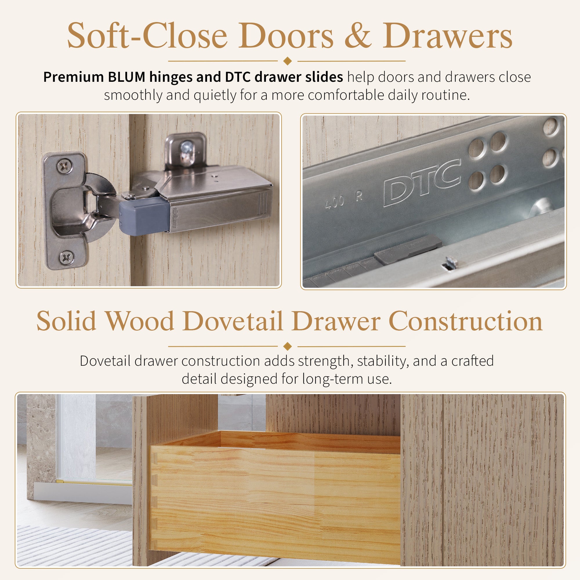 84 Inch Modern Light Oak Solid Wood Bathroom Vanity with White Quartz Countertop & 9 Soft-Close Drawers