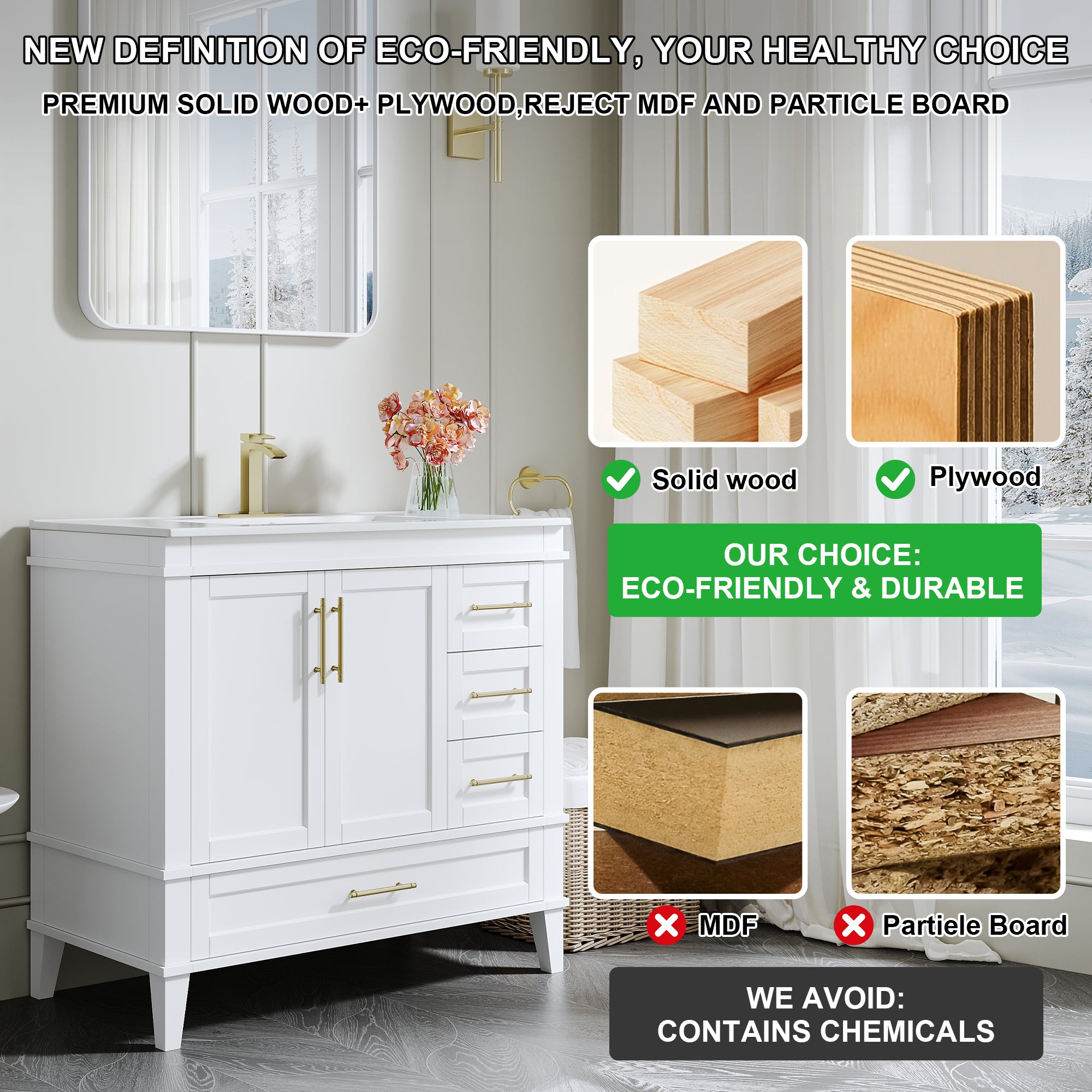 36 Inch Solid Wood Bathroom Vanity with cUPC Ceramic Sink, Brushed Gold Alloy Handles and Soft-Close Hinges