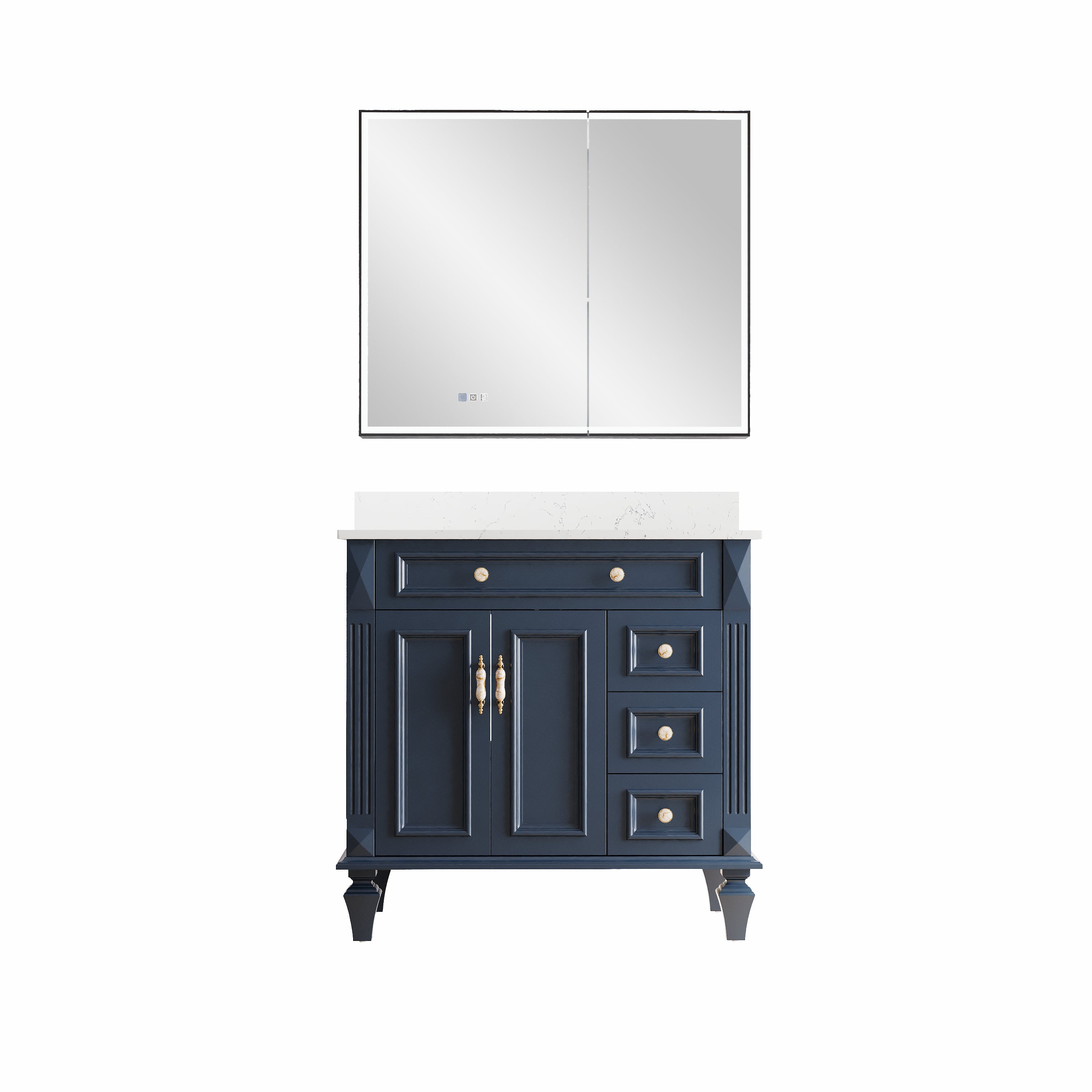 36" Navy Blue Solid Wood Bathroom Vanity & 36" LED Mirror Medicine Cabinet Combo