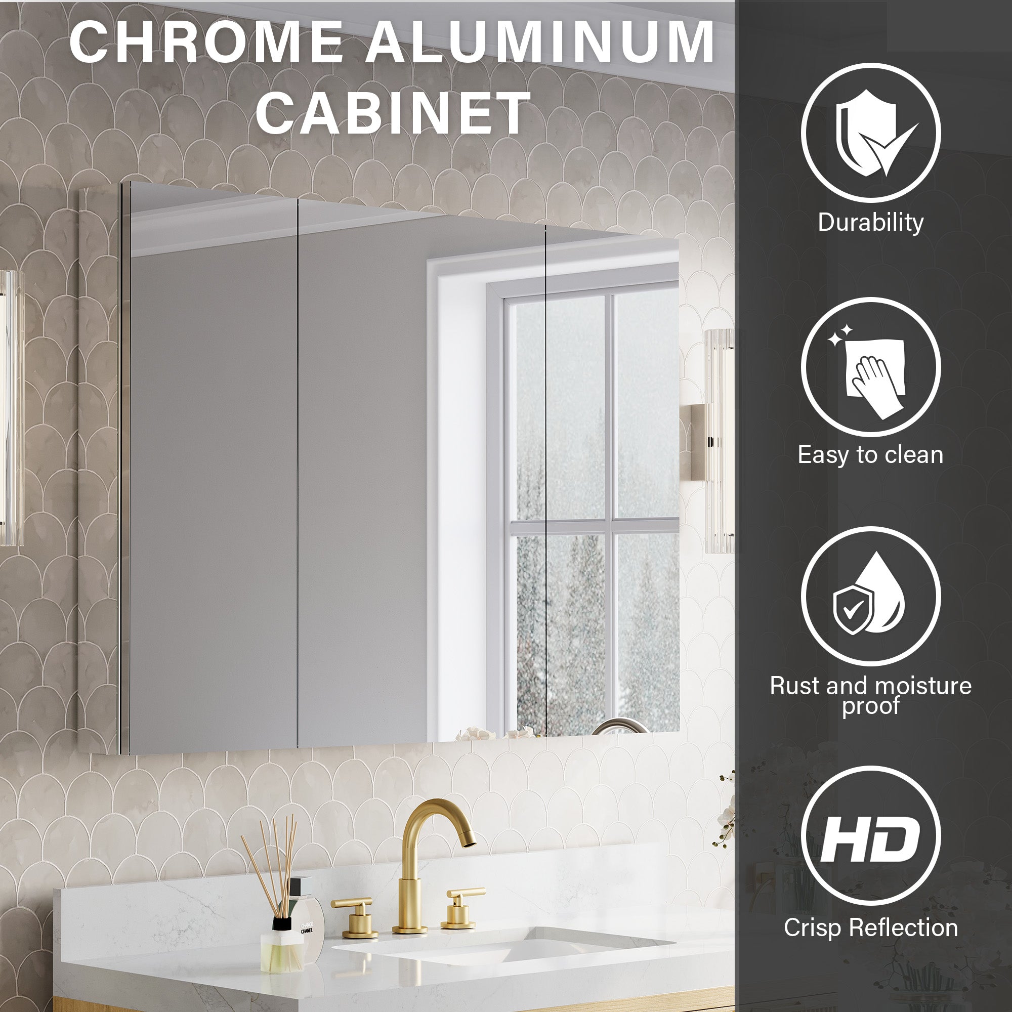 44 in.×32 in.H Copper-Free Mirror Medicine Cabinet with Soft-Close Blum® Hinges and 3 Doors