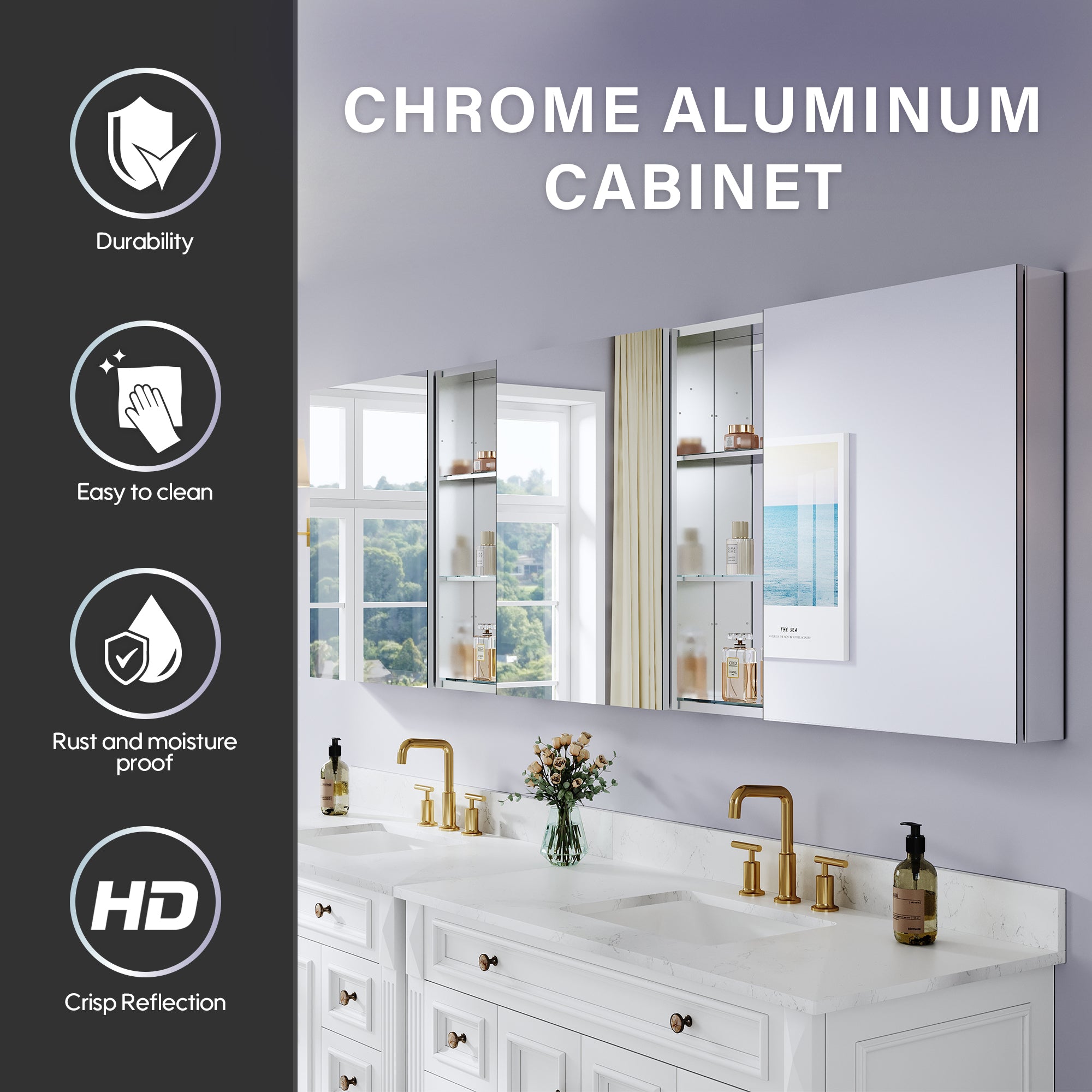 96 in. ×30 in. Aluminum Bathroom Medicine Cabinet and Open Shelf Set, Recessed or Surface Mount