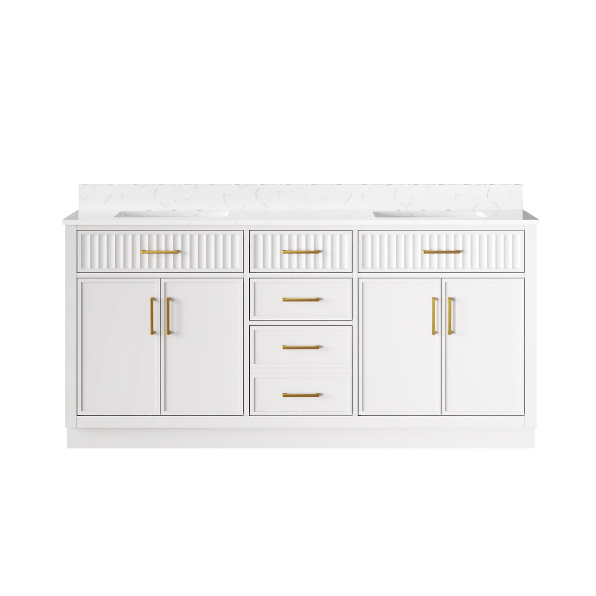 72 Inch Freestanding Solid Wood & Plywood Bathroom Vanity with Soft-Close Drawers, Carrara White Quartz Countertop, White