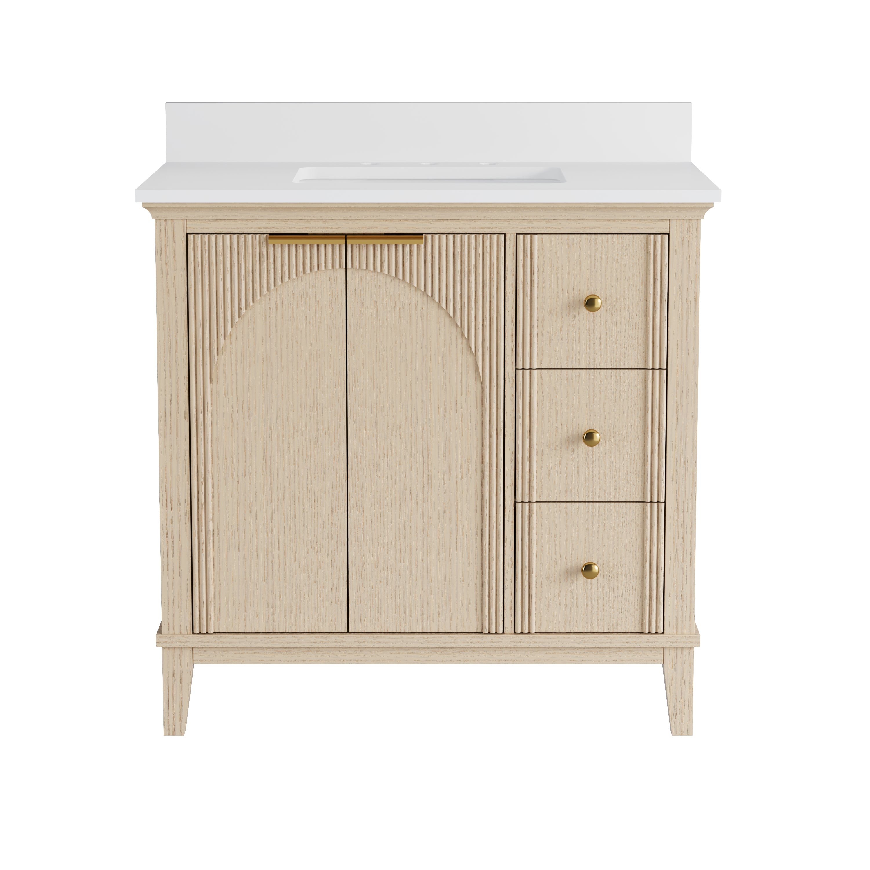 36 Inch Modern Light Oak Solid Wood Bathroom Vanity with White Quartz Countertop & Soft-Close Drawers