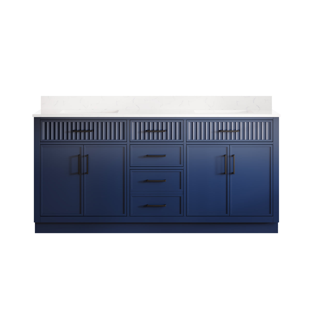 72 Inch Freestanding Solid Wood & Plywood Bathroom Vanity with Soft-Close Drawers, Carrara White Quartz Countertop, Navy Blue