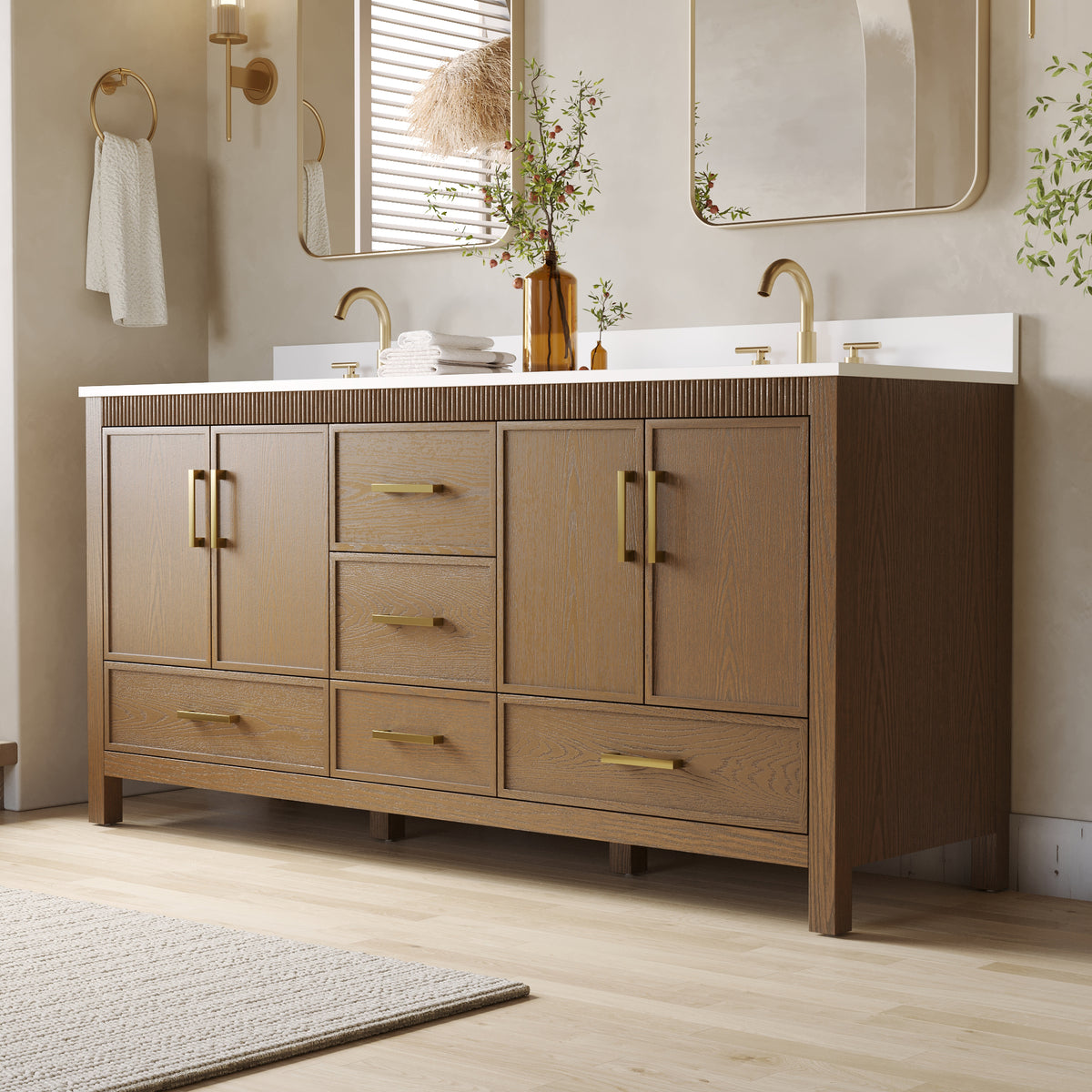 72 Inch Freestanding Solid Wood Bathroom Vanity with Pure White Quartz Countertop, 4 Soft-Close Doors & 5 Dovetail Drawers, Walnut