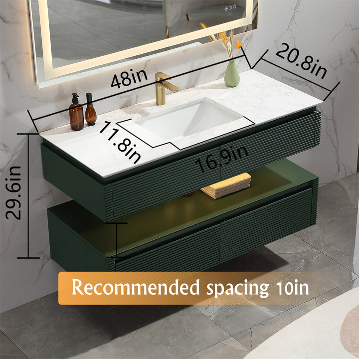 48" Floating Bathroom Vanity Set in Green with Lights and White Marble Countertop