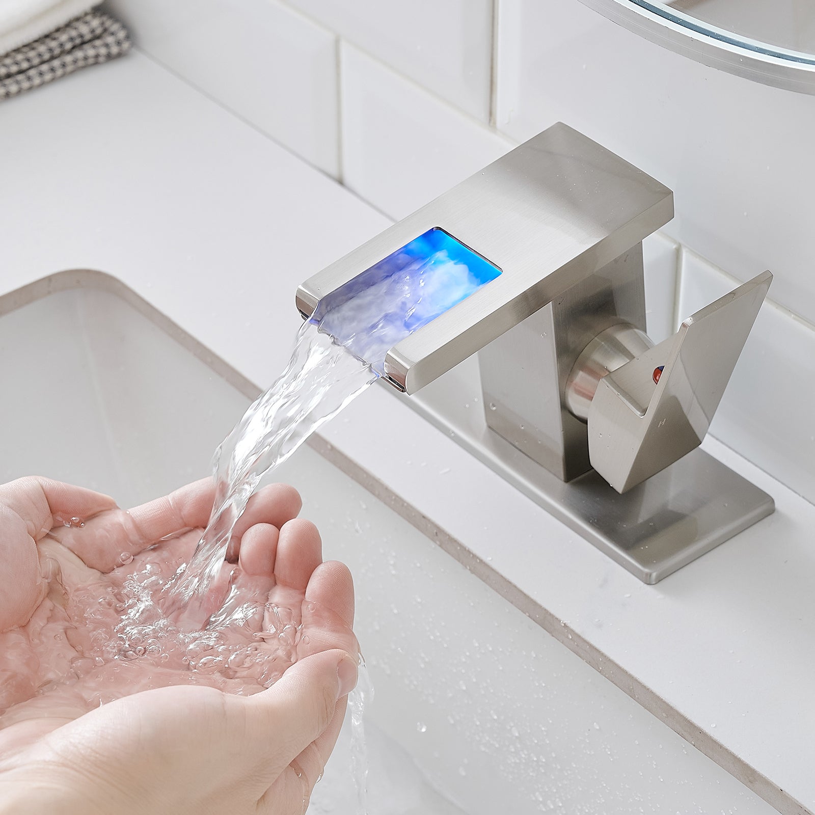 Single Handle LED Waterfall Bathroom Sink Faucet with Deck Plate, Temperature-Sensitive 3-Color Light
