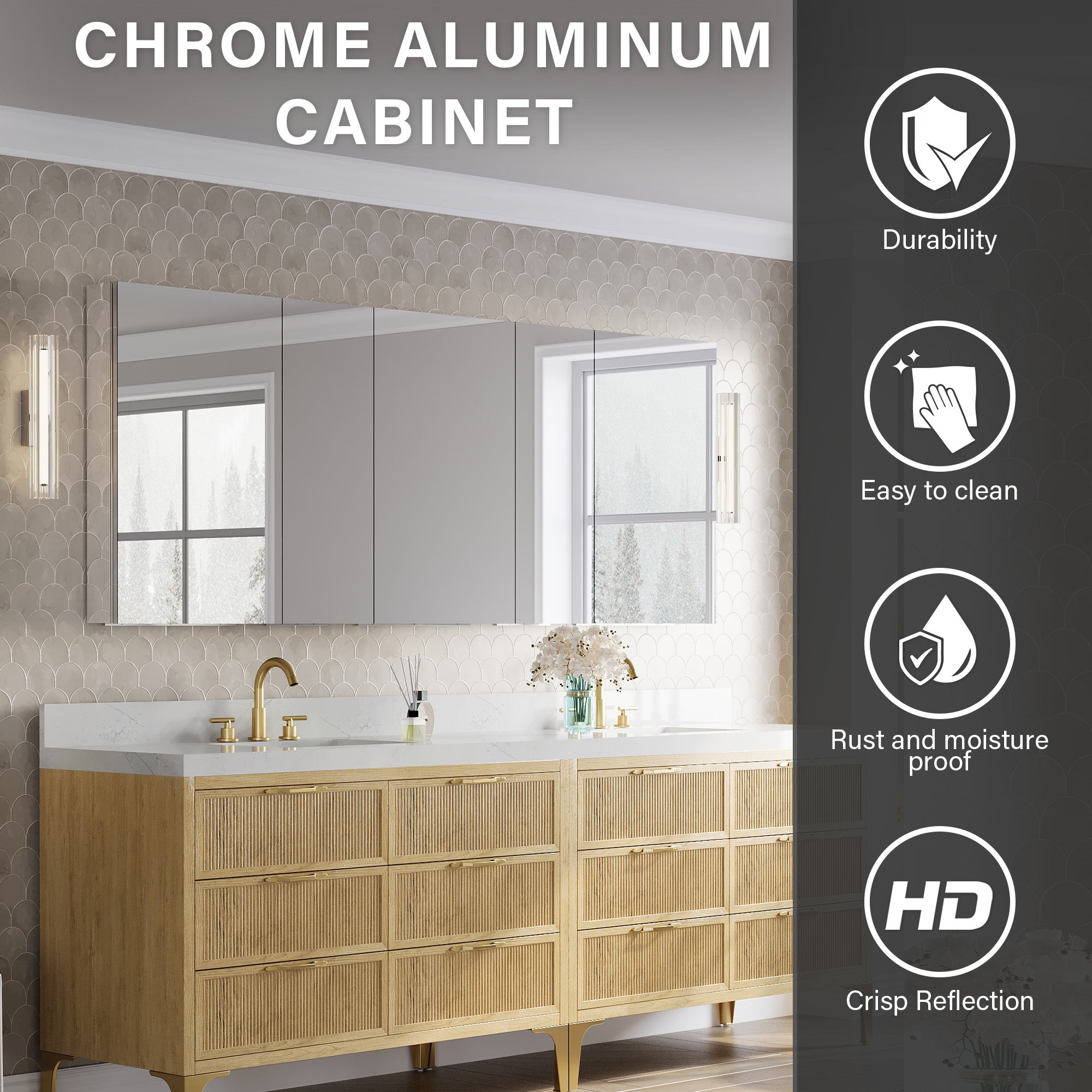 84 in.×32 in.H Copper-Free Mirror Medicine Cabinet with Soft-Close Blum® Hinges and 5 Doors