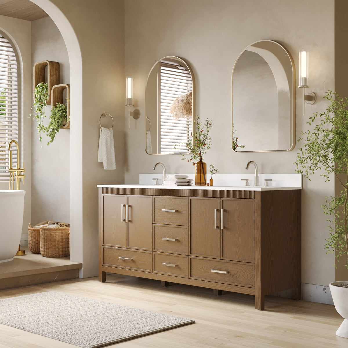 72 Inch Freestanding Solid Wood Bathroom Vanity with Pure White Quartz Countertop, 4 Soft-Close Doors & 5 Dovetail Drawers, Walnut