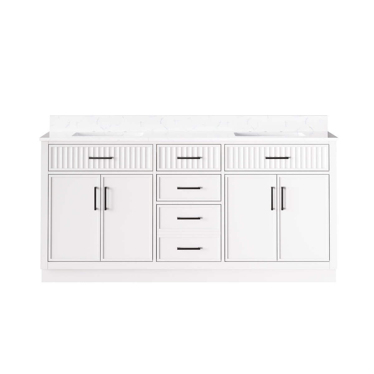 72 Inch Freestanding Solid Wood & Plywood Bathroom Vanity with Soft-Close Drawers, Carrara White Quartz Countertop, White