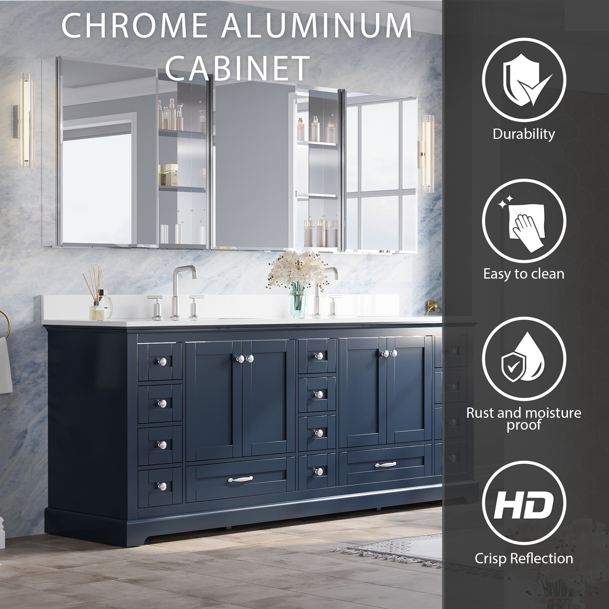 84 in.×30 in.H Aluminum Copper-Free Mirror Medicine Cabinet with Beveled Mirror Door and Open Shelf Storage Set