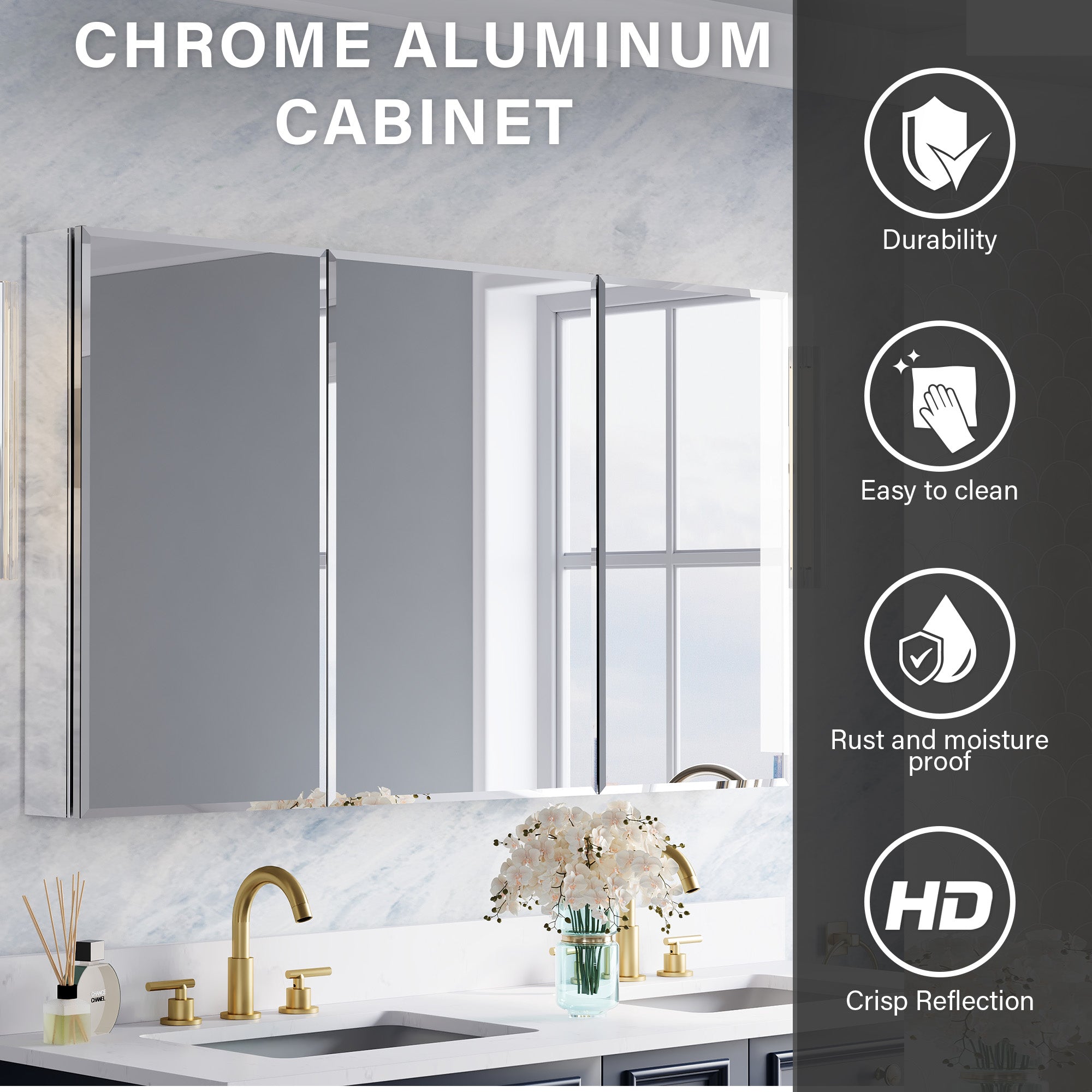 52 in.×30 in.H Aluminum Copper-Free Mirror Medicine Cabinet with Beveled Mirror Door, Recessed or Surface Mount, Adjustable Shelves