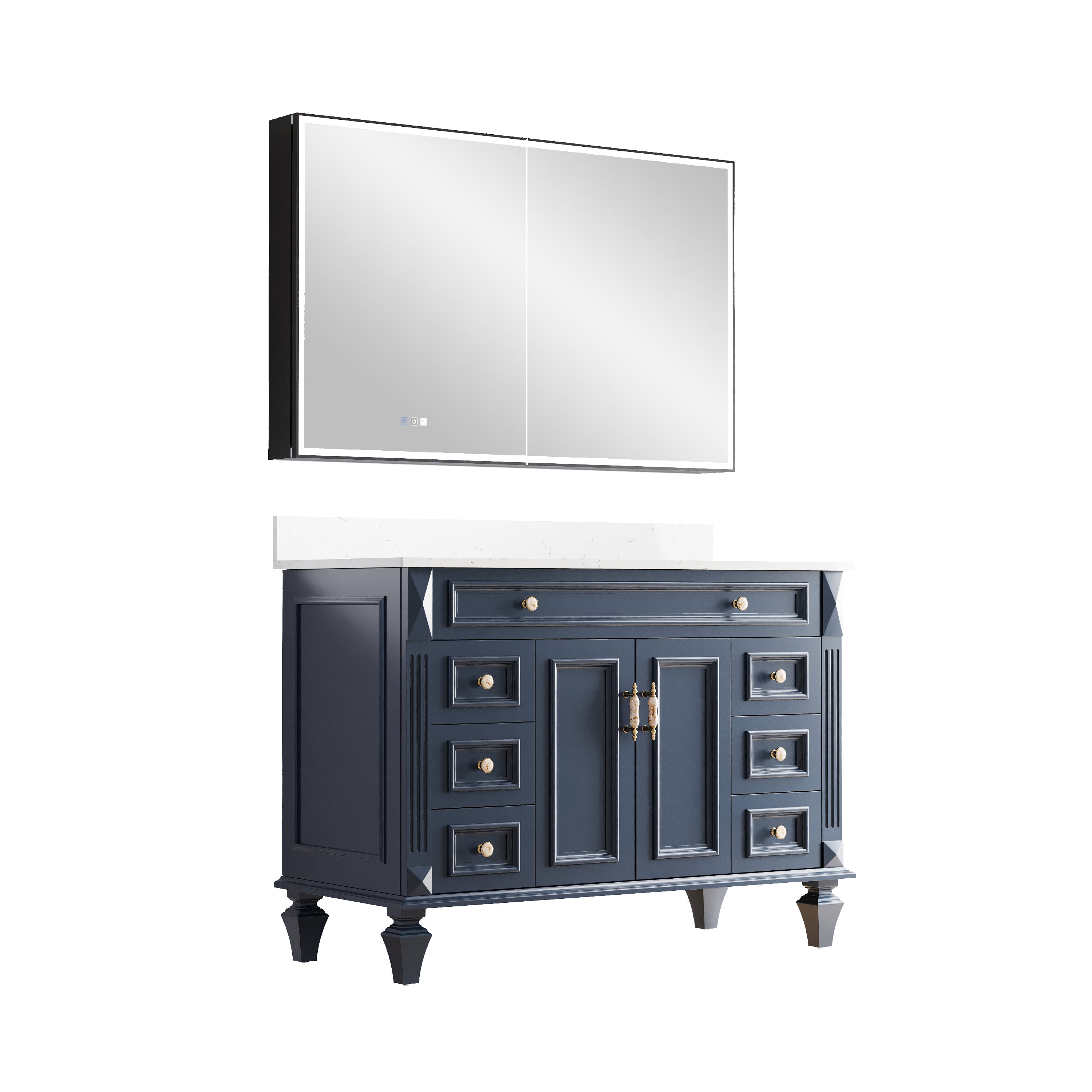 48" Navy Blue Solid Wood Bathroom Vanity & 48" LED Mirror Medicine Cabinet Combo