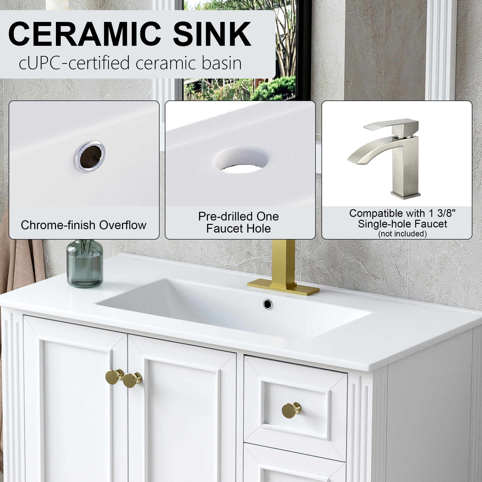 36 Inch Solid Wood Bathroom Vanity with cUPC Ceramic Basin, Soft-Close Doors and Brushed Gold Alloy Knobs