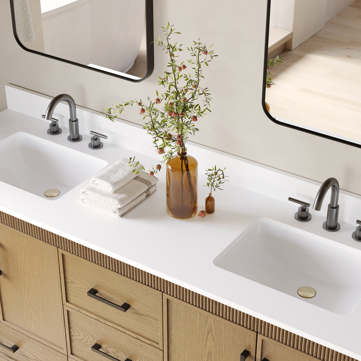 72 Inch Freestanding Solid Wood Bathroom Vanity with Pure White Quartz Countertop, 4 Soft-Close Doors & 5 Dovetail Drawers, Walnut