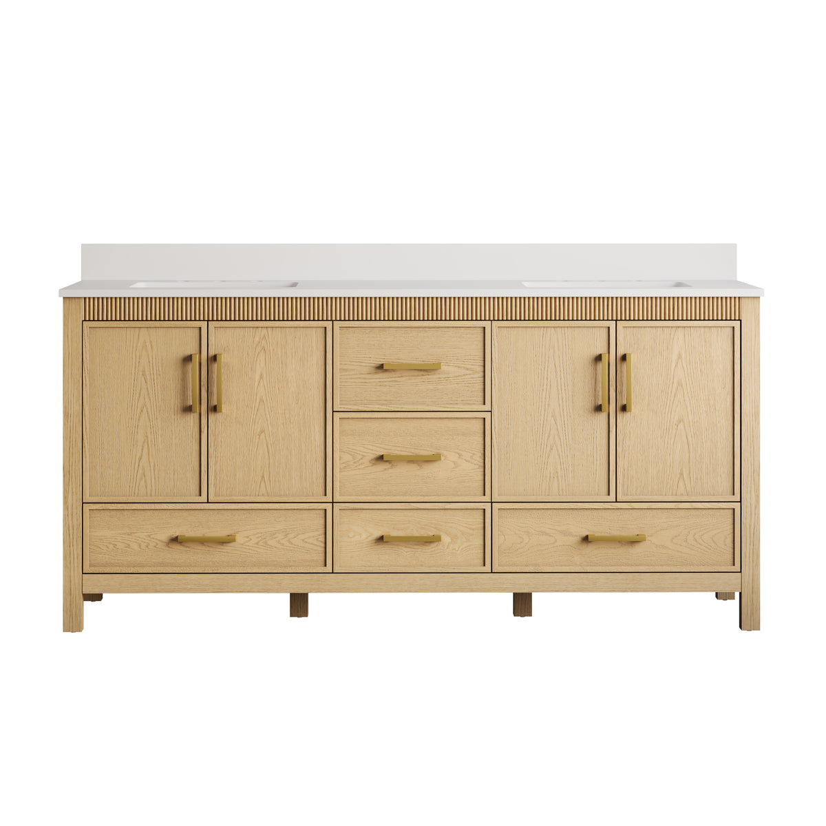 72 Inch Freestanding Solid Wood Bathroom Vanity with Pure White Quartz Countertop, 4 Soft-Close Doors & 5 Dovetail Drawers, OAK