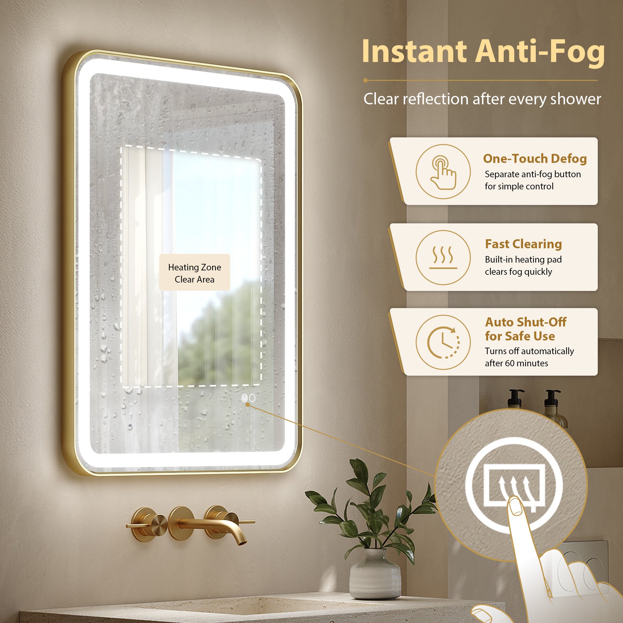 24 in. x 32 in. Framed LED Bathroom Mirror in Brushed Gold with Rounded Corners, Dimmable Lighted, Anti-Fog