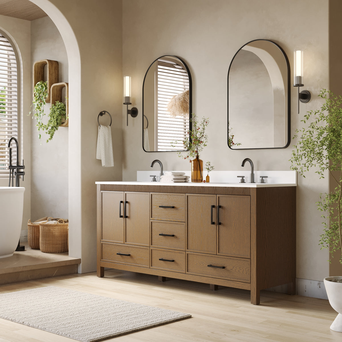 72 Inch Freestanding Solid Wood Bathroom Vanity with Pure White Quartz Countertop, 4 Soft-Close Doors & 5 Dovetail Drawers, Walnut