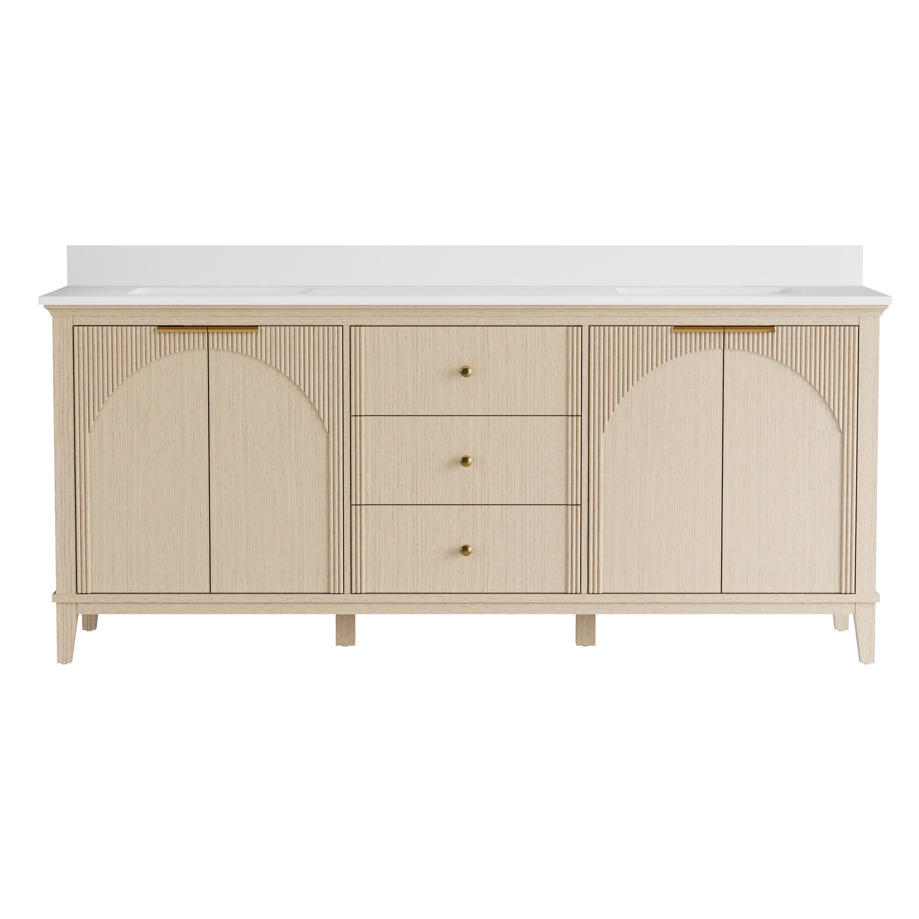 80 Inch Modern Light Oak Solid Wood Bathroom Vanity with White Quartz Countertop & 3 Soft-Close Drawers