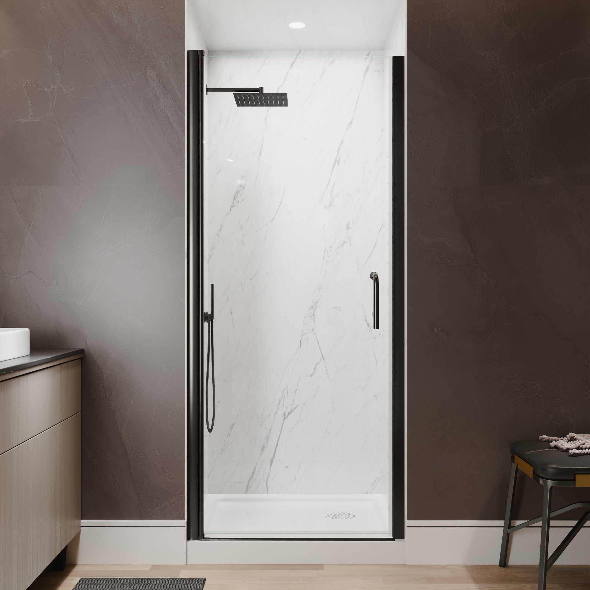 32-34 in. W x 72 in. H Semi-Frameless Pivot Shower Door with 1/4 in SGCC Tempered Glass, Reversible Installation, Matte Black