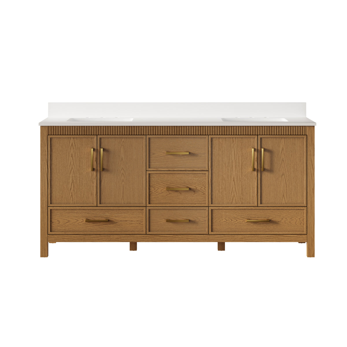 72 Inch Freestanding Solid Wood Bathroom Vanity with Pure White Quartz Countertop, 4 Soft-Close Doors & 5 Dovetail Drawers, Walnut