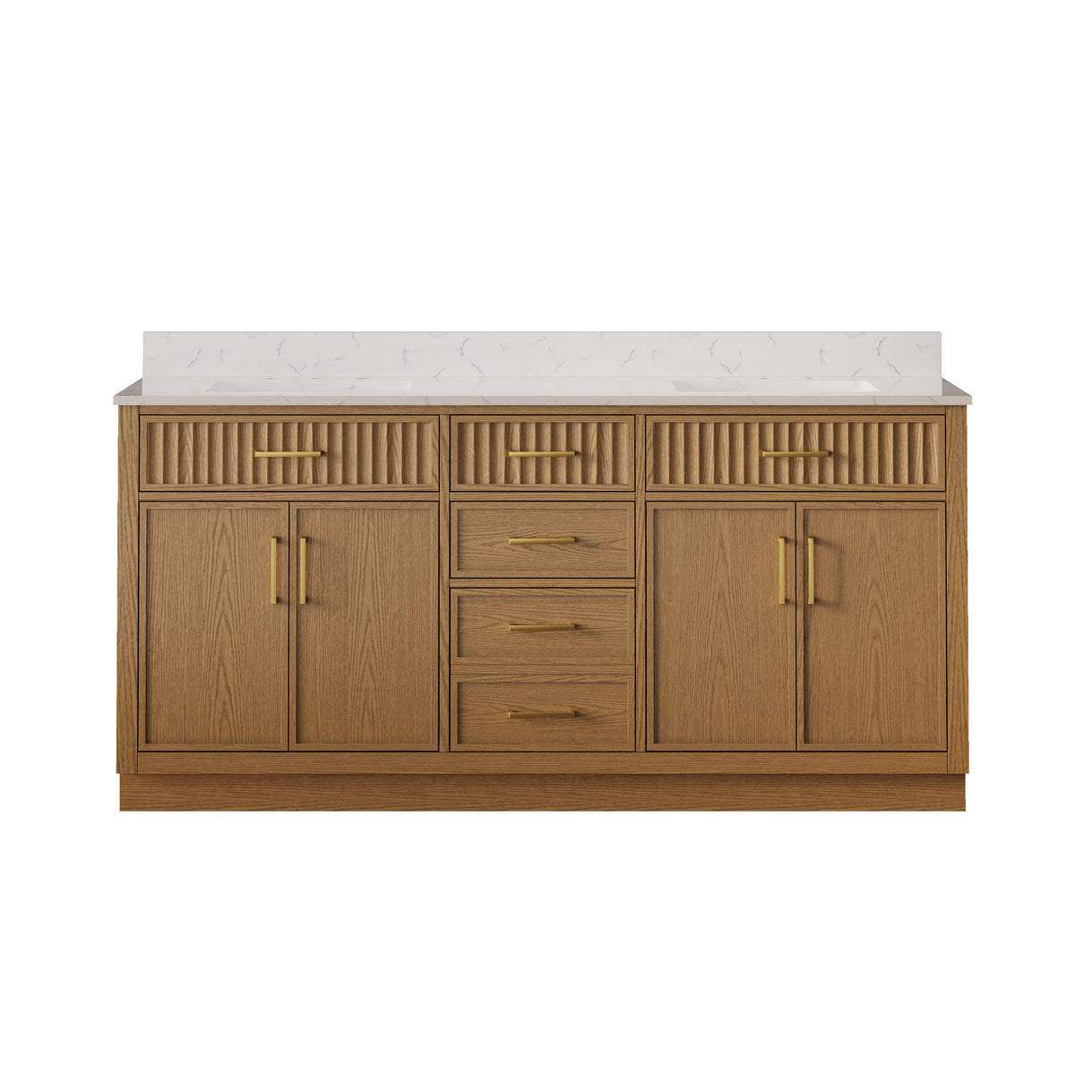 72 Inch Freestanding Solid Wood & Plywood Bathroom Vanity with Soft-Close Drawers, Carrara White Quartz Countertop, Walnut