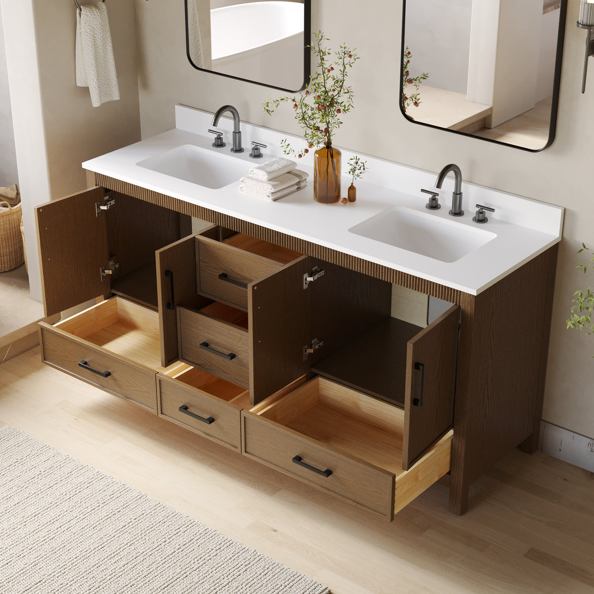 72 Inch Freestanding Solid Wood Bathroom Vanity with Pure White Quartz Countertop, 4 Soft-Close Doors & 5 Dovetail Drawers, Walnut
