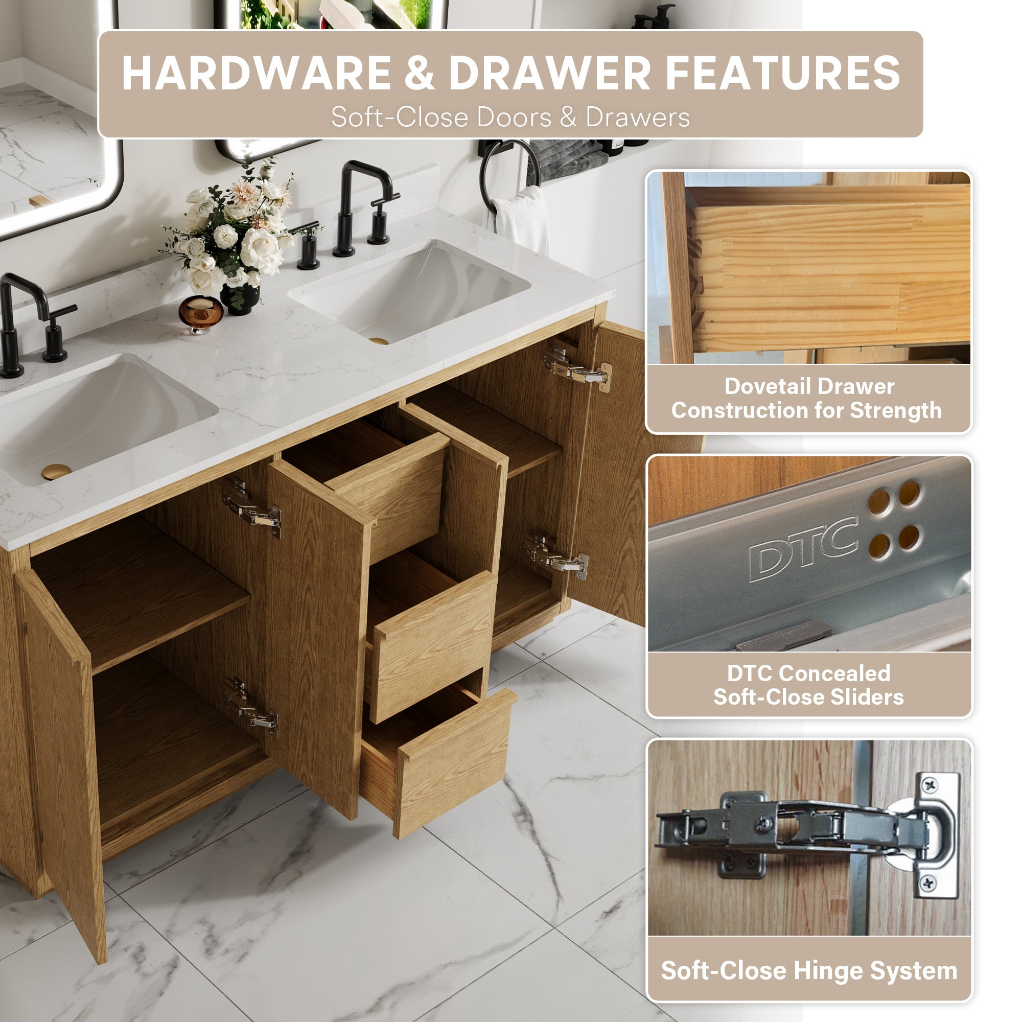 60 Inch Oak Soild Wood Bathroom Vanity with Double Undermount Sinks, 3 Dovetail-constructed Drawers and 4 Soft-close Doors