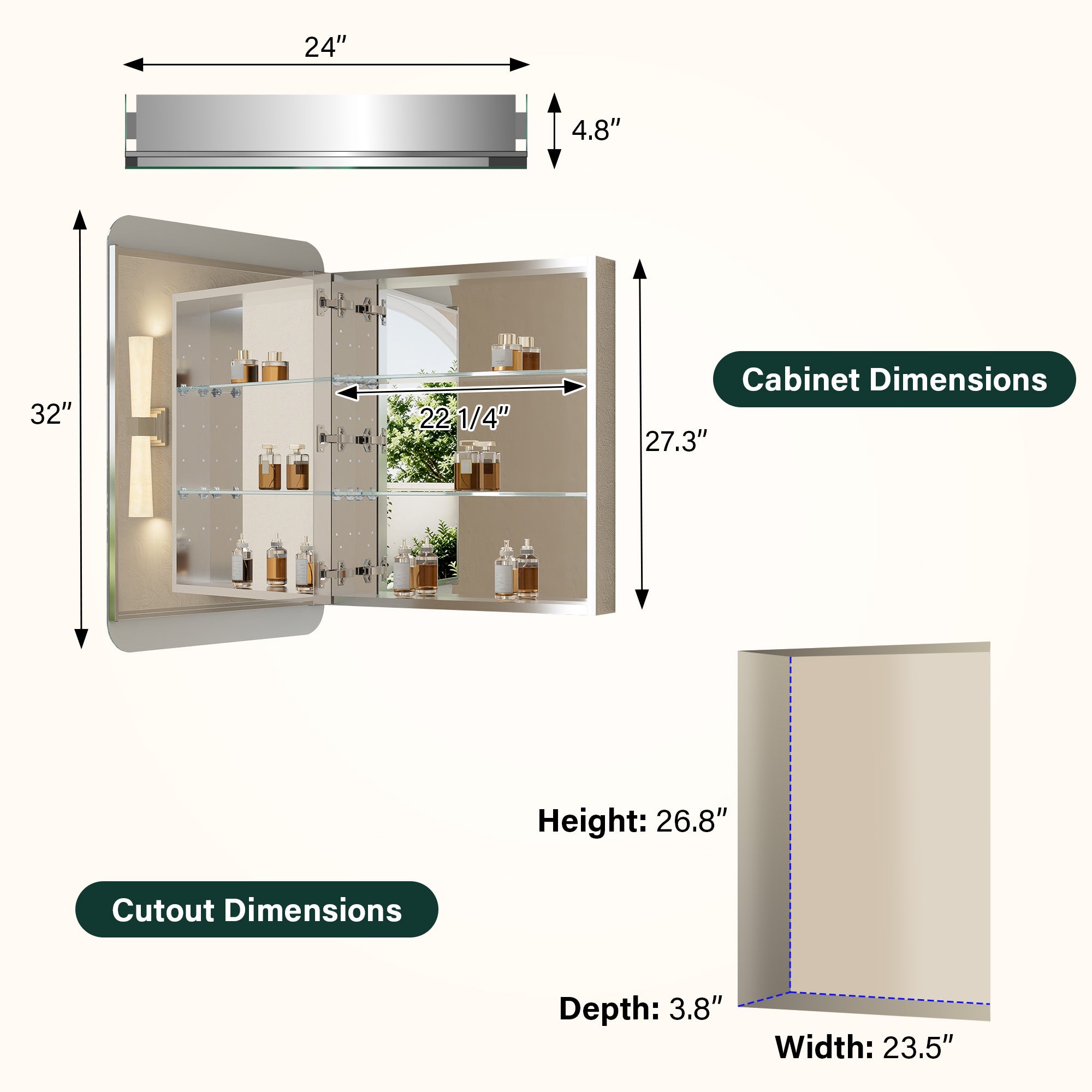 24 in. × 32 in. Aluminum Mirror Medicine Cabinet with Reversible Door Swing, Recessed or Surface Mount, Adjustable Shelves