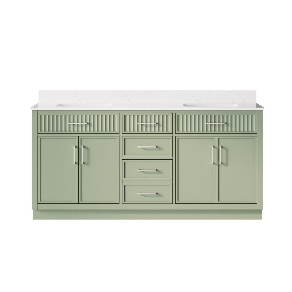 72 Inch Freestanding Solid Wood & Plywood Bathroom Vanity with Soft-Close Drawers, Carrara White Quartz Countertop, SAGE GREEN
