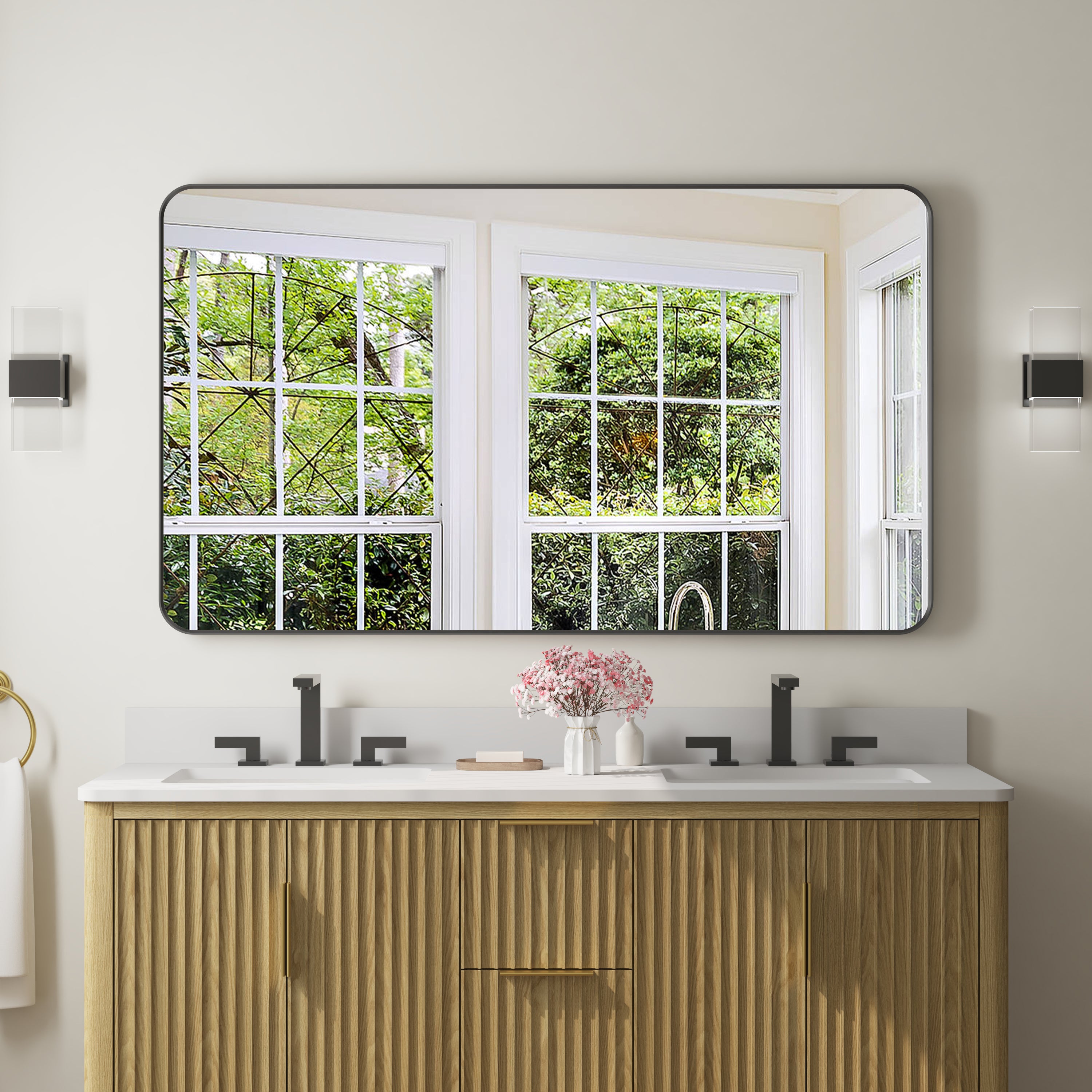 55-in W x 32-in H Black Rectangular Framed Bathroom Vanity Mirror