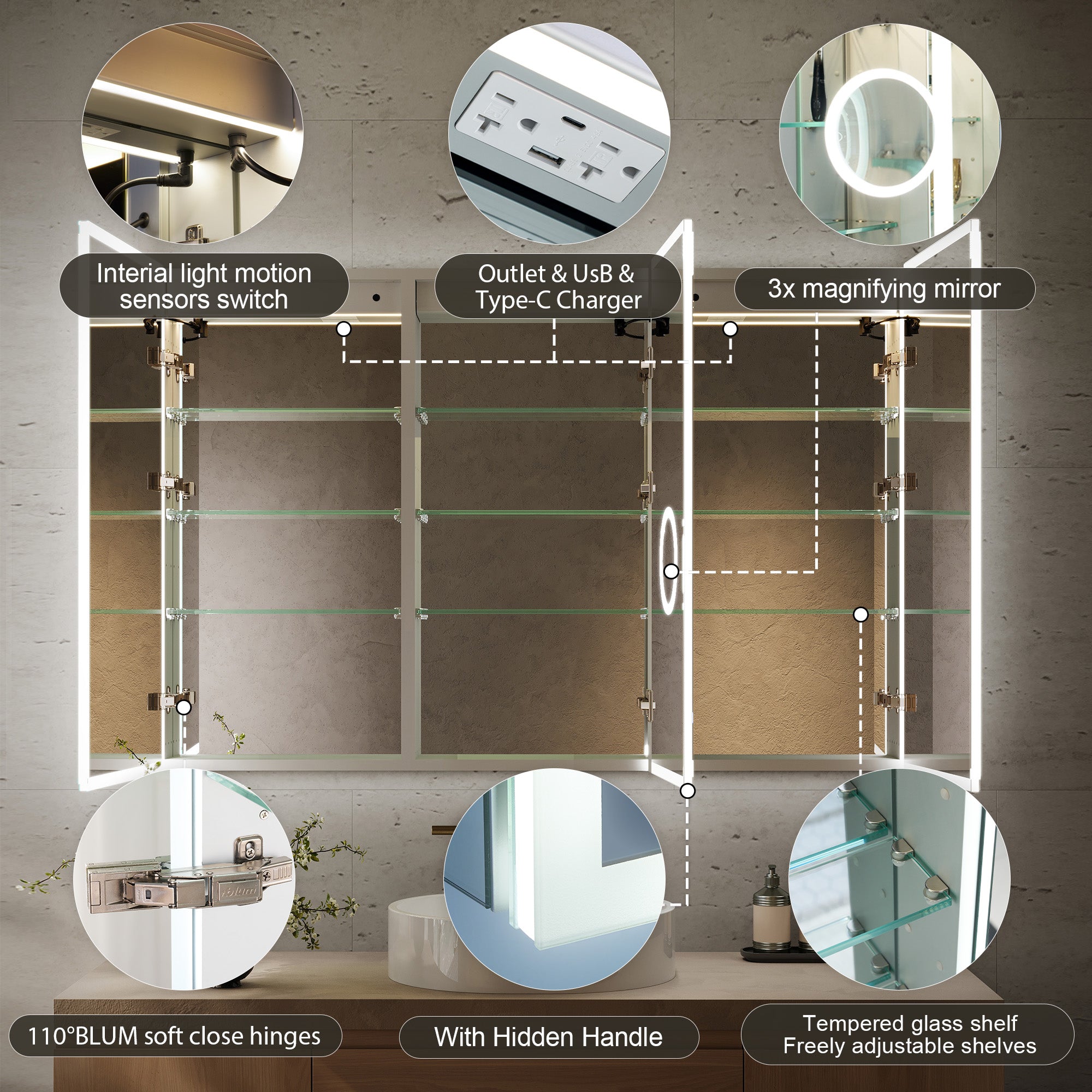 54 in. x 36 in. Recessed/Surface Mount LED Medicine Cabinet with 3X Magnifier Glass Mirror, Anti-Fog