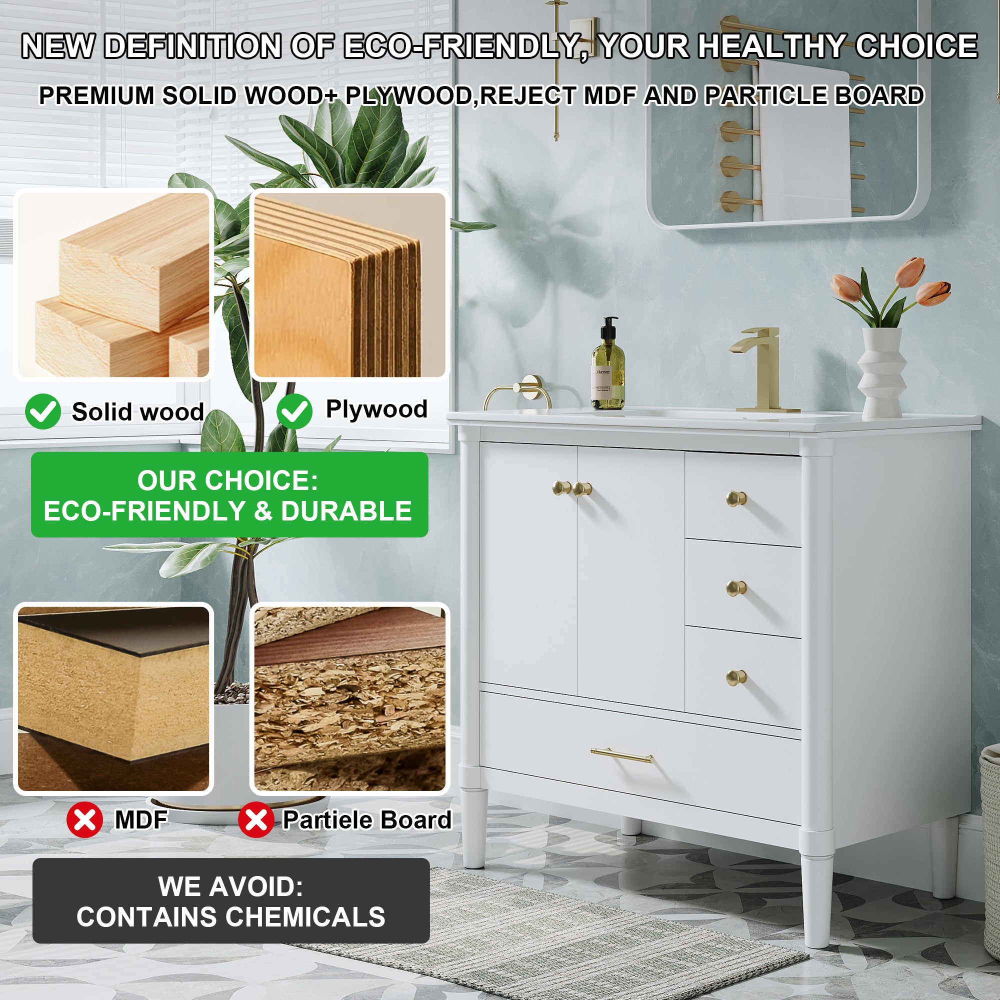 36 inch Solid Wood Freestanding Bathroom Vanity with Single Sink and Soft-Closing Doors, White