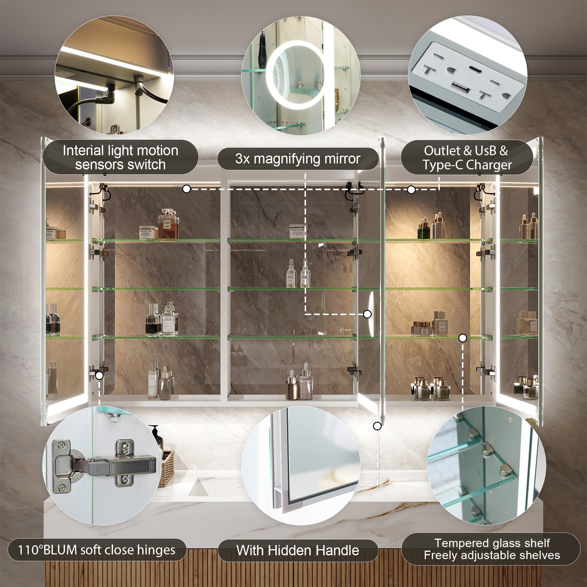 60 in. x 36 in. Aluminum LED Bathroom Medicine Cabinet with Anti-Fog, Dimmable Lighting, Outlet, Surface or Recessed Mount