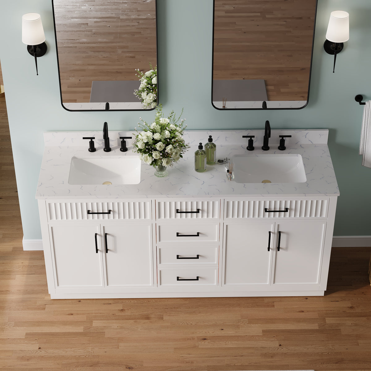 72 Inch Freestanding Solid Wood & Plywood Bathroom Vanity with Soft-Close Drawers, Carrara White Quartz Countertop, White