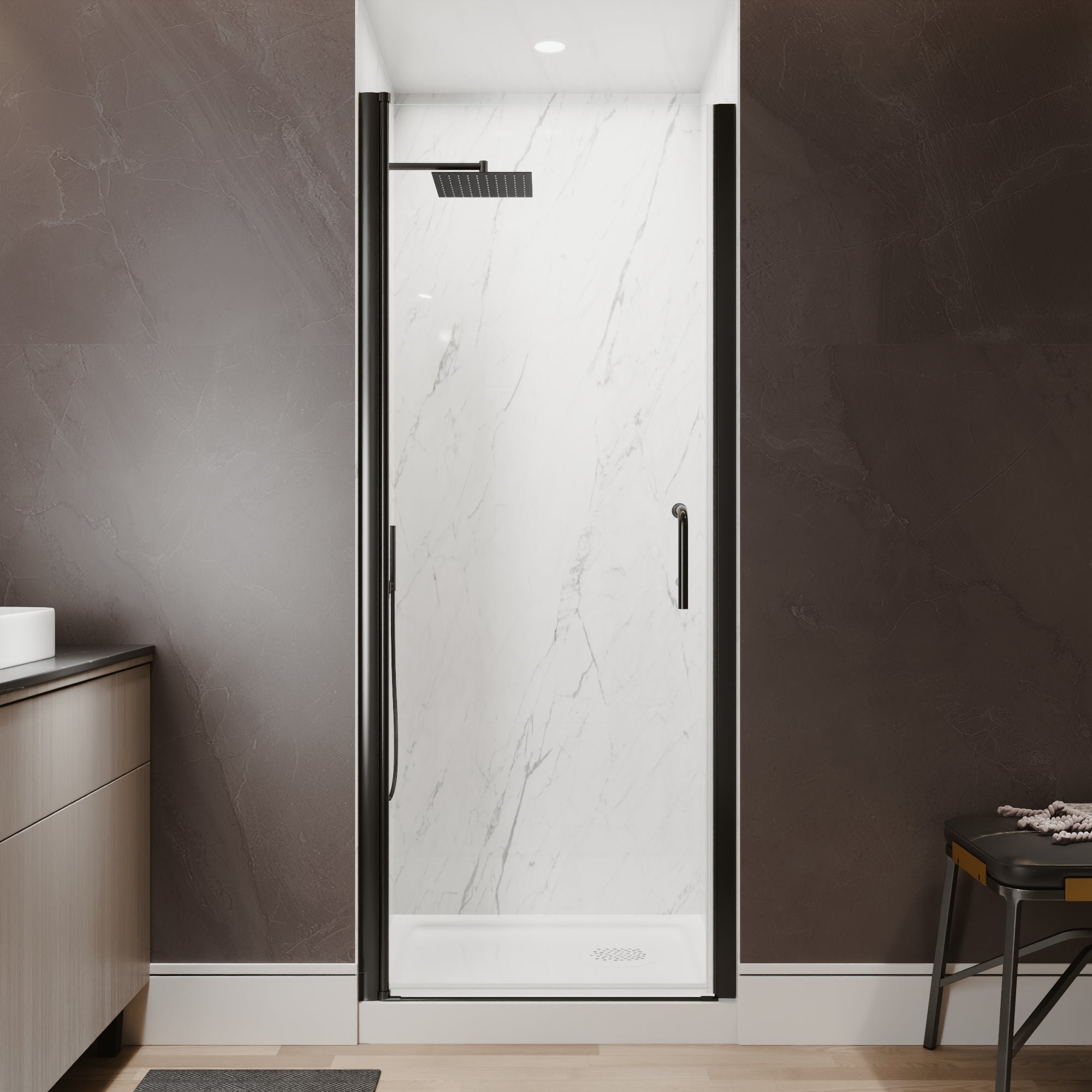 30-32 in. W x 72 in. H Semi-Frameless Pivot Shower Door with 1/4 in SGCC Tempered Glass, Reversible Installation, Matte Black