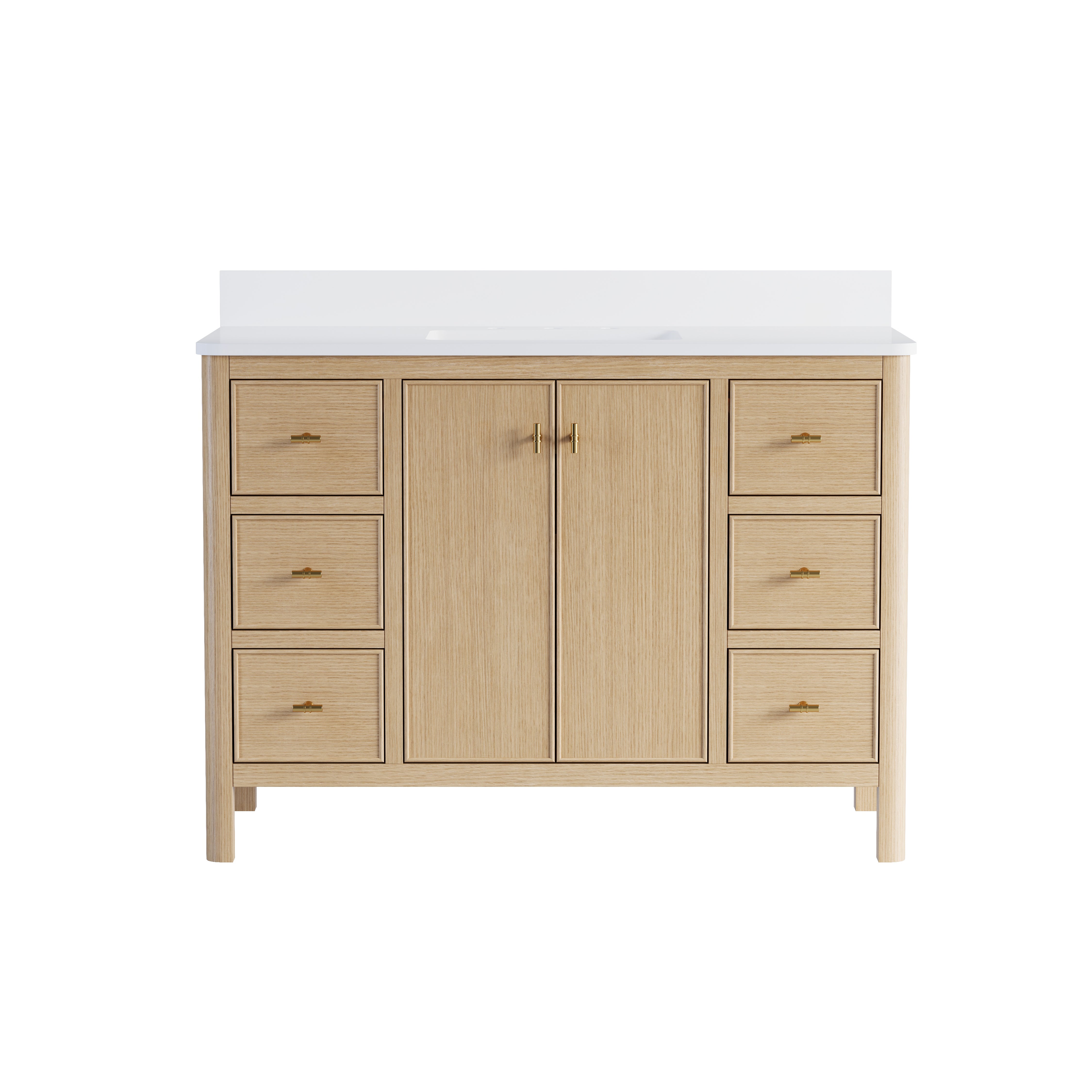 48 Inch Solid Wood Oak Bathroom Vanity with White Quartz Countertop & Sink – 6 Dovetail Soft-Close Drawers