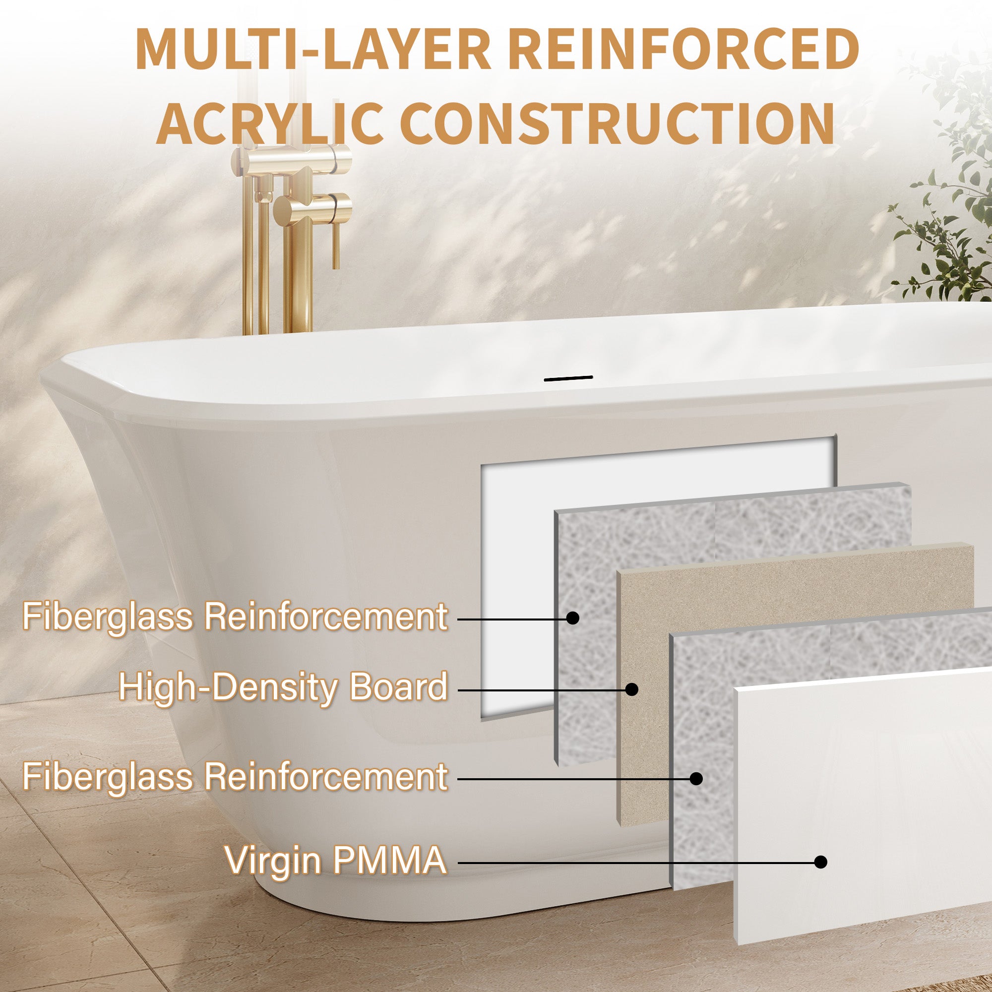 59" Modern Freestanding Acrylic Soaking Bathtub – 64 Gallon Deep Soaker Tub with Integrated Overflow