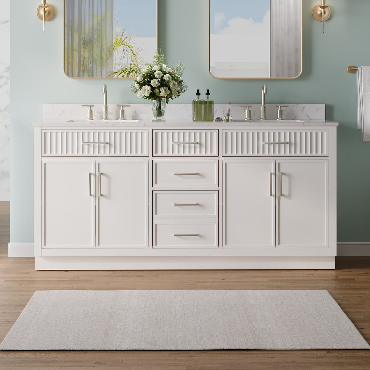 72 Inch Freestanding Solid Wood & Plywood Bathroom Vanity with Soft-Close Drawers, Carrara White Quartz Countertop, White