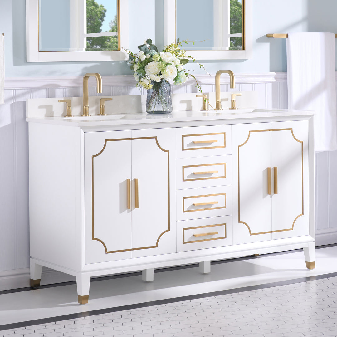 60 in. Freestanding Bathroom Vanity in White with Carrara White Quartz Vanity Top