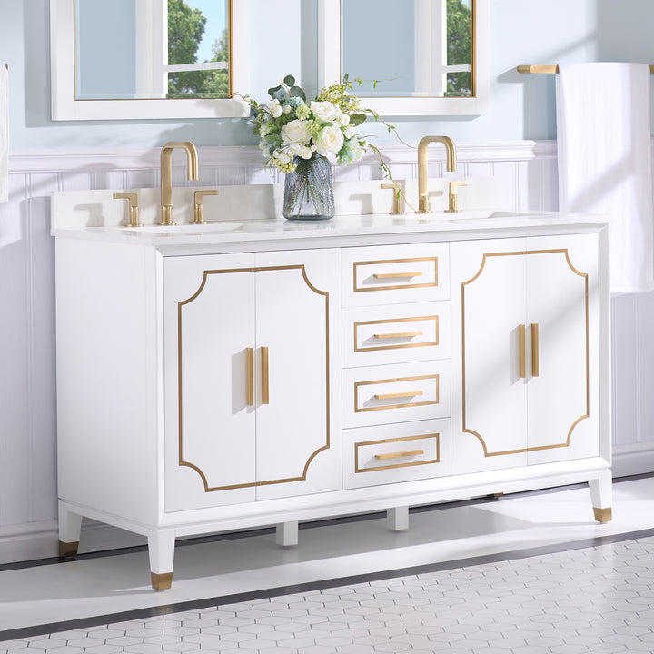 Melody 60 in. W x 22 in. D x 35 in. H Freestanding Bathroom Vanity in White with Carrara White Quartz Vanity Top